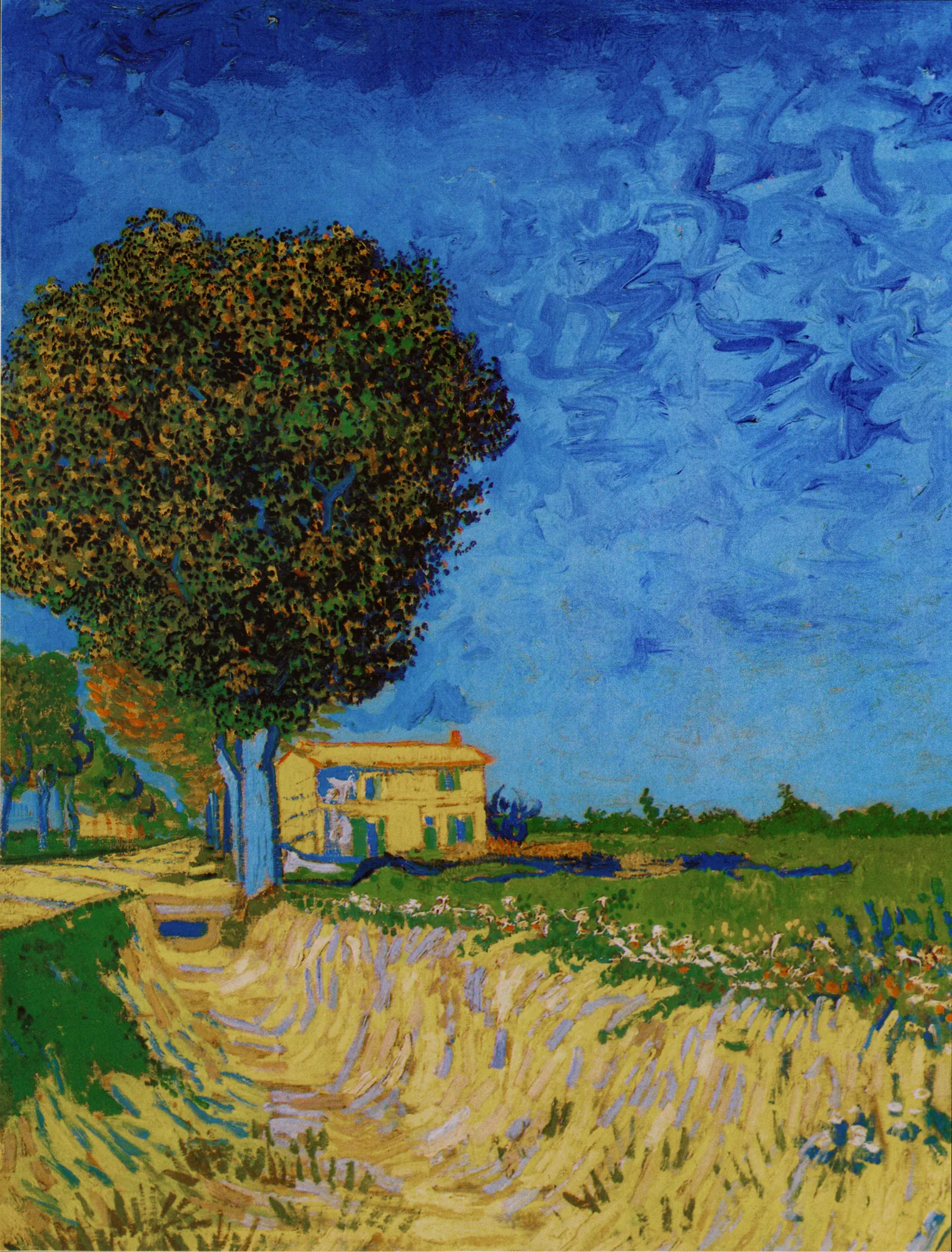 A Lane near Arles A Lane near Arles by Vincent van Gogh. A vibrant post-impressionist landscape featuring a large, leafy tree and a yellow house under a swirling, deep blue sky.