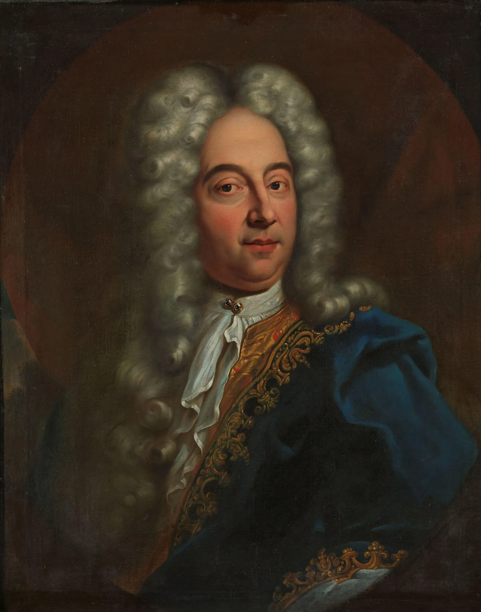 Portrait of a Man Portrait of a Man by Unknown Artist. A bust-length portrait of a man with a voluminous white powdered wig, wearing a blue coat with ornate gold embroidery over a white cravat.