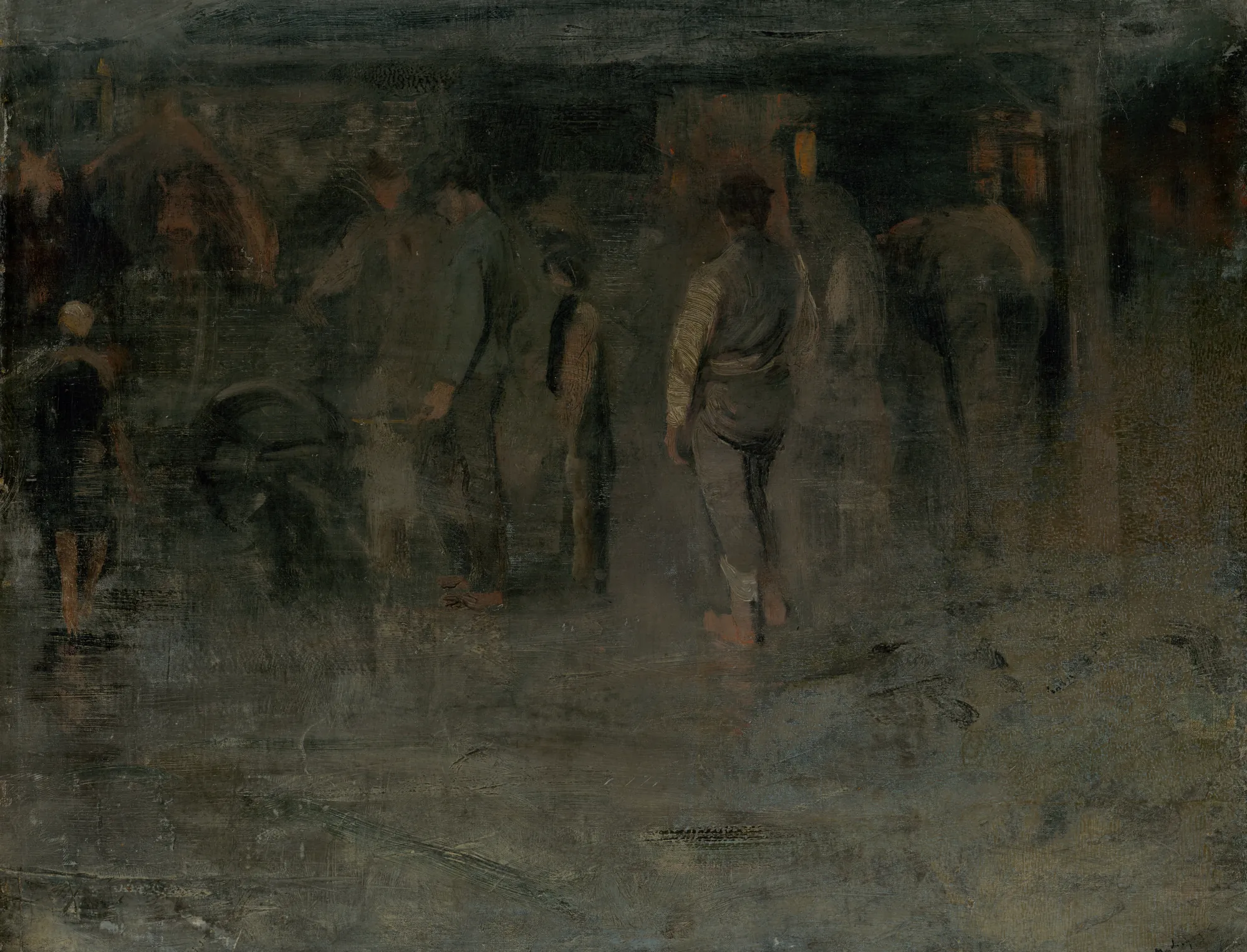 Gloomy Fair II Gloomy Fair II by László Mednyánszky. A group of men stands in a dimly lit, atmospheric setting, captured with loose, painterly brushstrokes in a dark, tonal palette.