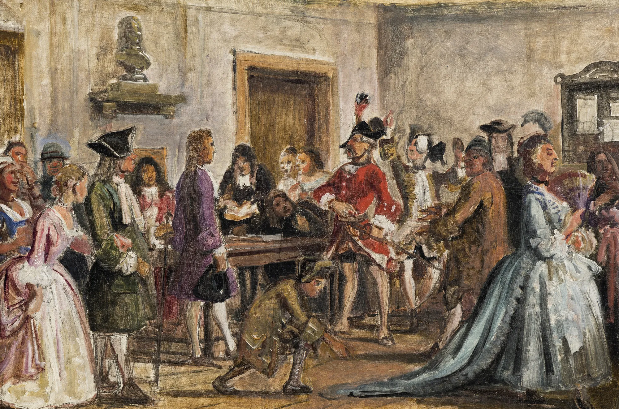Philemon and his Accusers Philemon and his Accusers by Wilhelm Marstrand. A lively interior scene from a play featuring multiple figures in 18th-century costume engaged in a dramatic interaction.