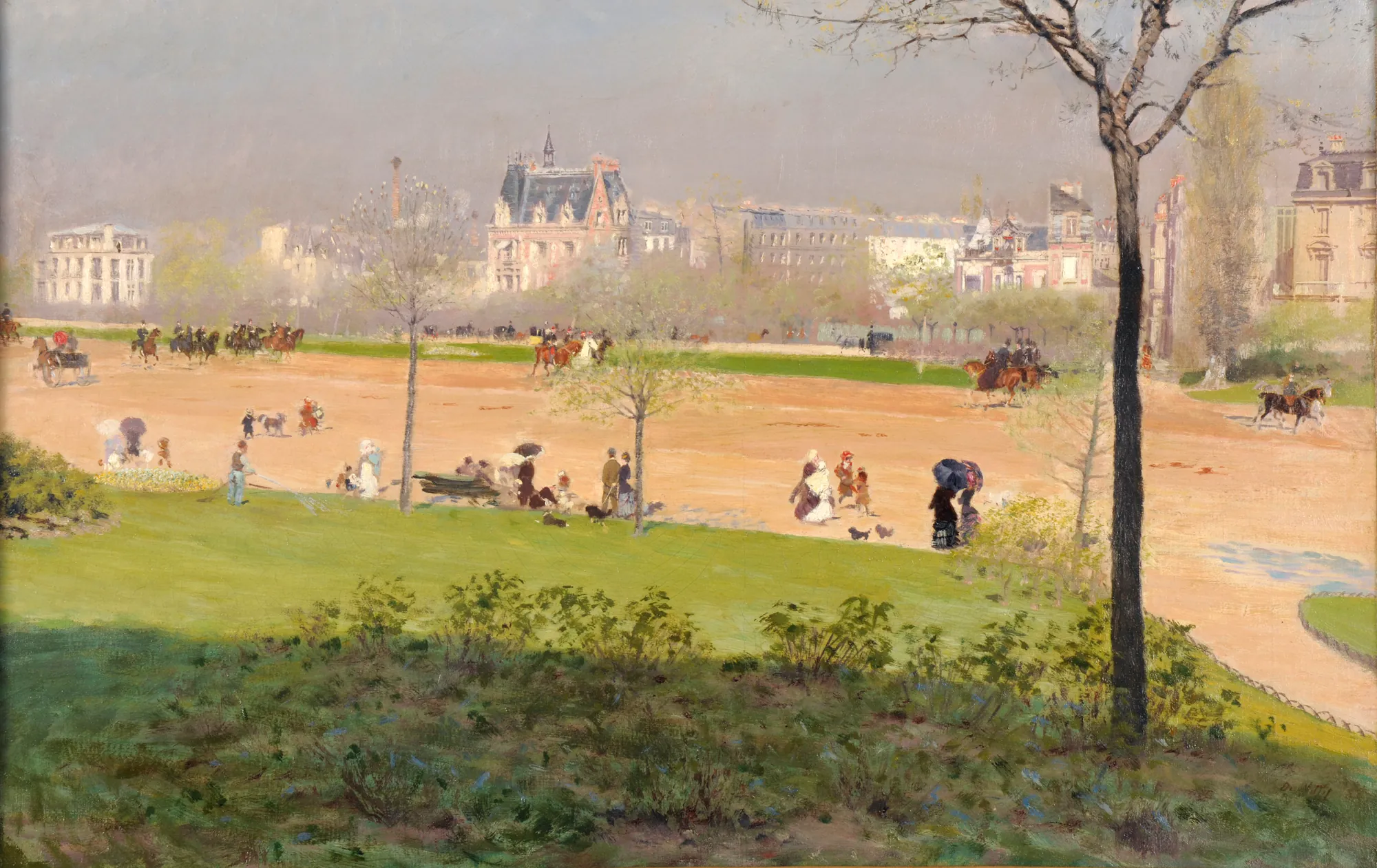 Avenue du Bois de Boulogne Avenue du Bois de Boulogne by Giuseppe De Nittis. A bright, sun-drenched view of a wide Parisian avenue with figures strolling, horse-drawn carriages, and elegant Haussmann-style buildings visible through a light haze.