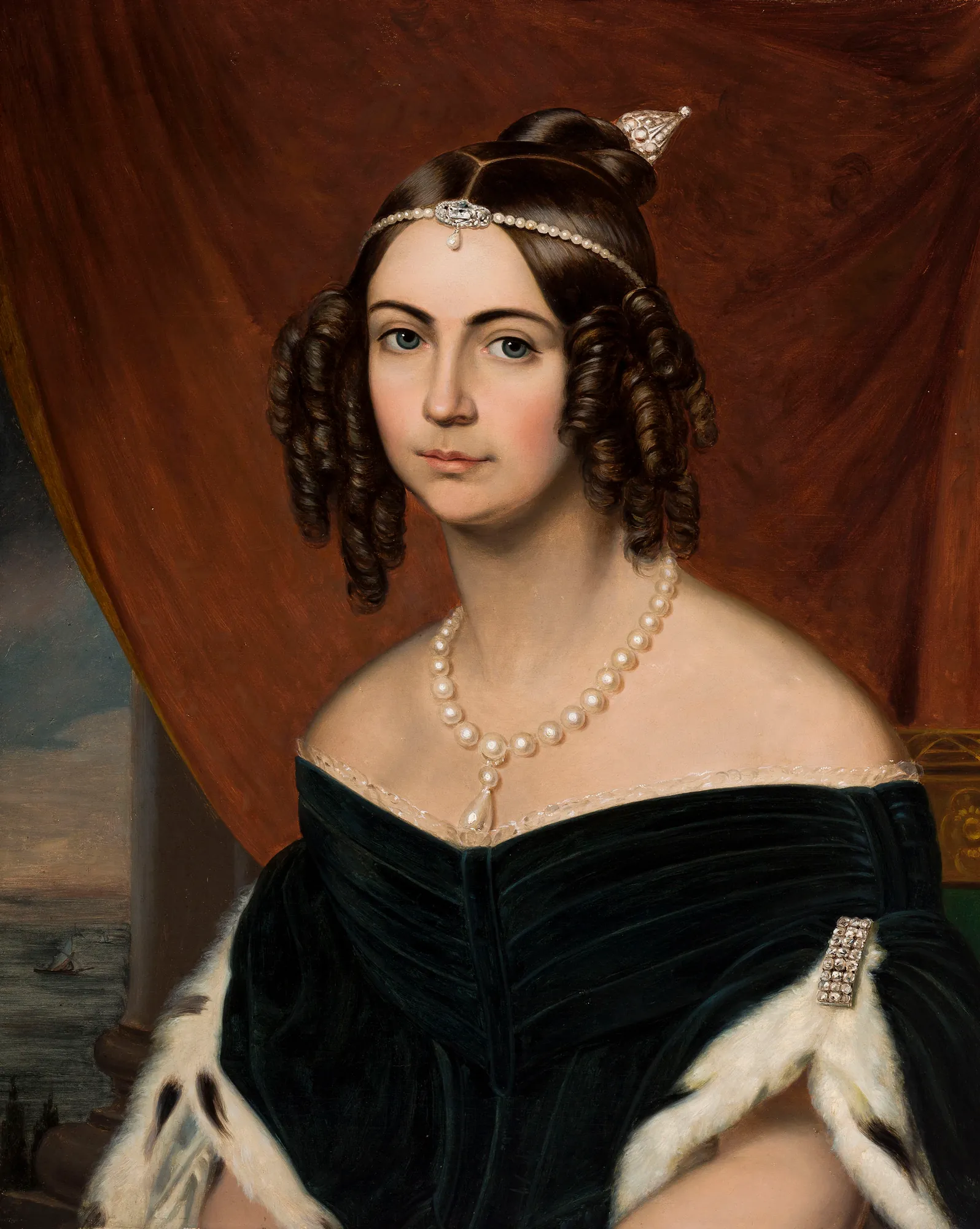 Portrait de l'Impératrice Douarière du Brésil Portrait de l'Impératrice Douarière du Brésil by Friedrich Dürck. A formal half-length portrait of a noblewoman wearing a dark gown with ermine fur trim, large pearls, and a jeweled headband, set against a dark red curtain.