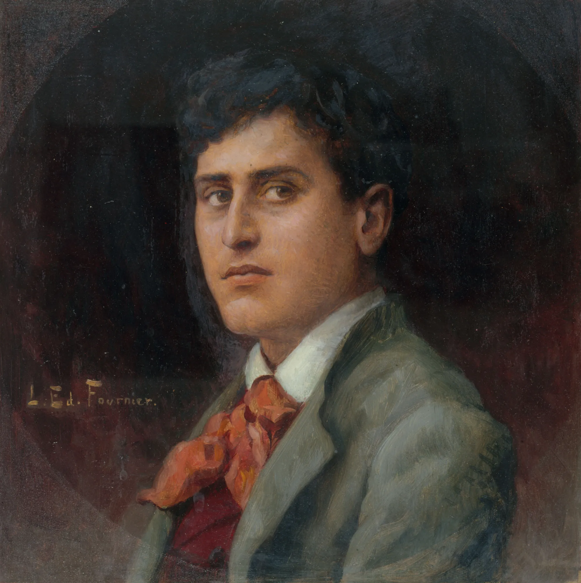 René Alexandre as Tascheron René Alexandre as Tascheron by Louis Édouard Fournier. A moody oil portrait of a dark-haired man in a grey jacket and orange cravat, set against a dark vignetted background.