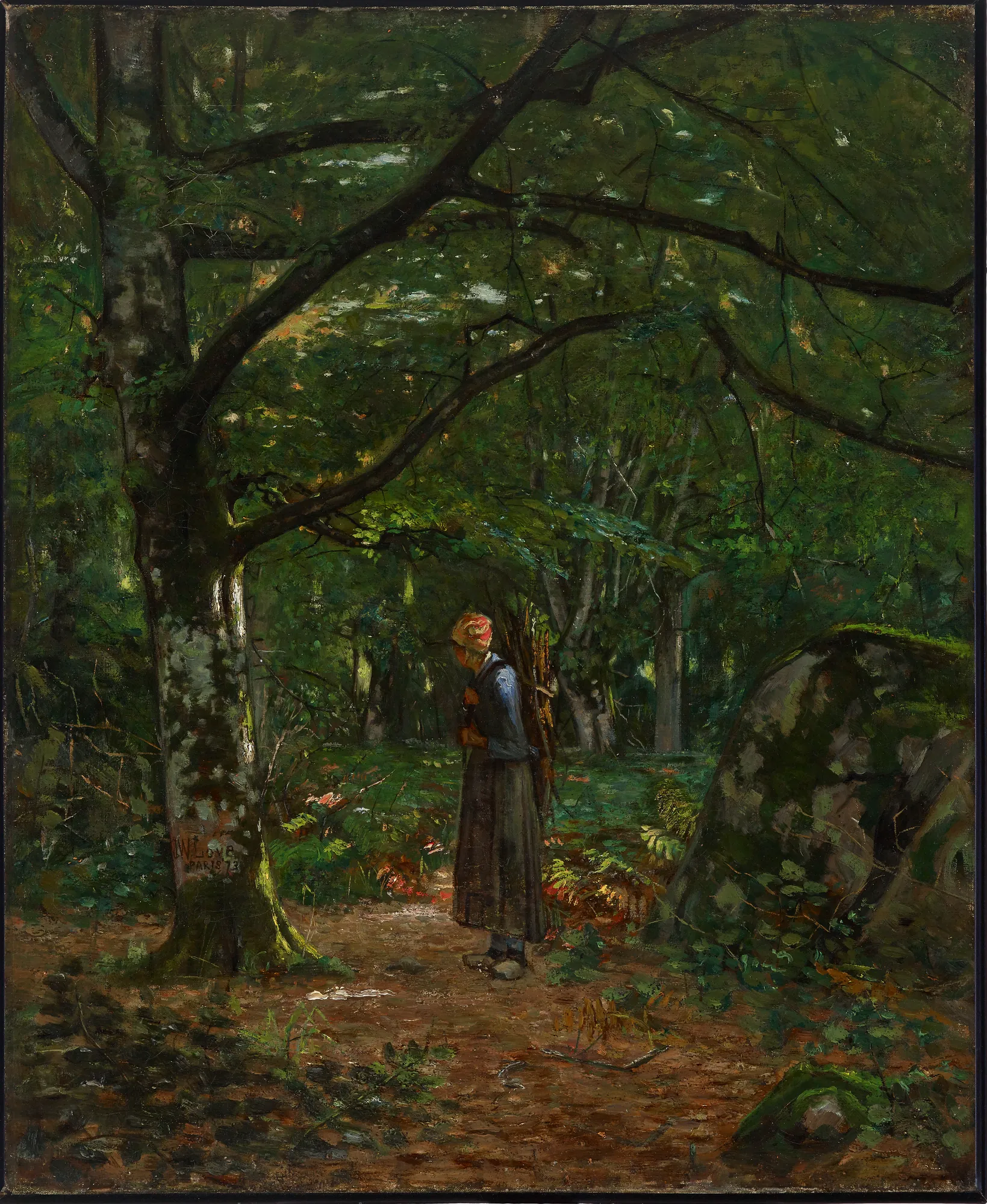In Fontainebleau Woods In Fontainebleau Woods by John Washington Love. A solitary figure stands on a dirt path within a dense, shaded forest, surrounded by tall trees and large moss-covered rocks.