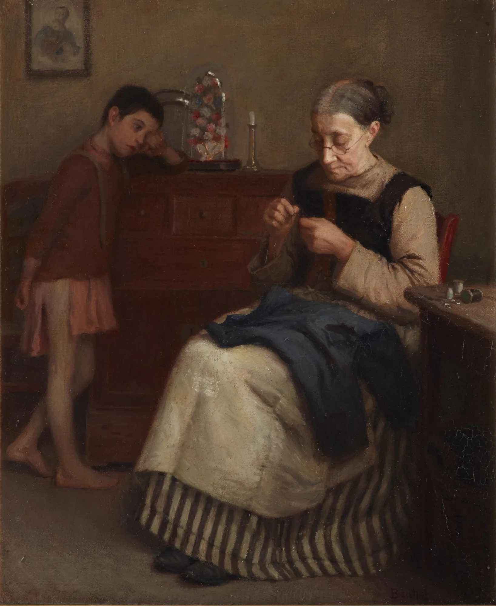 His Only Pair His Only Pair by Frederick Bauhof. An elderly woman in spectacles carefully mends a garment while a young boy looks on in a dimly lit, traditional interior.