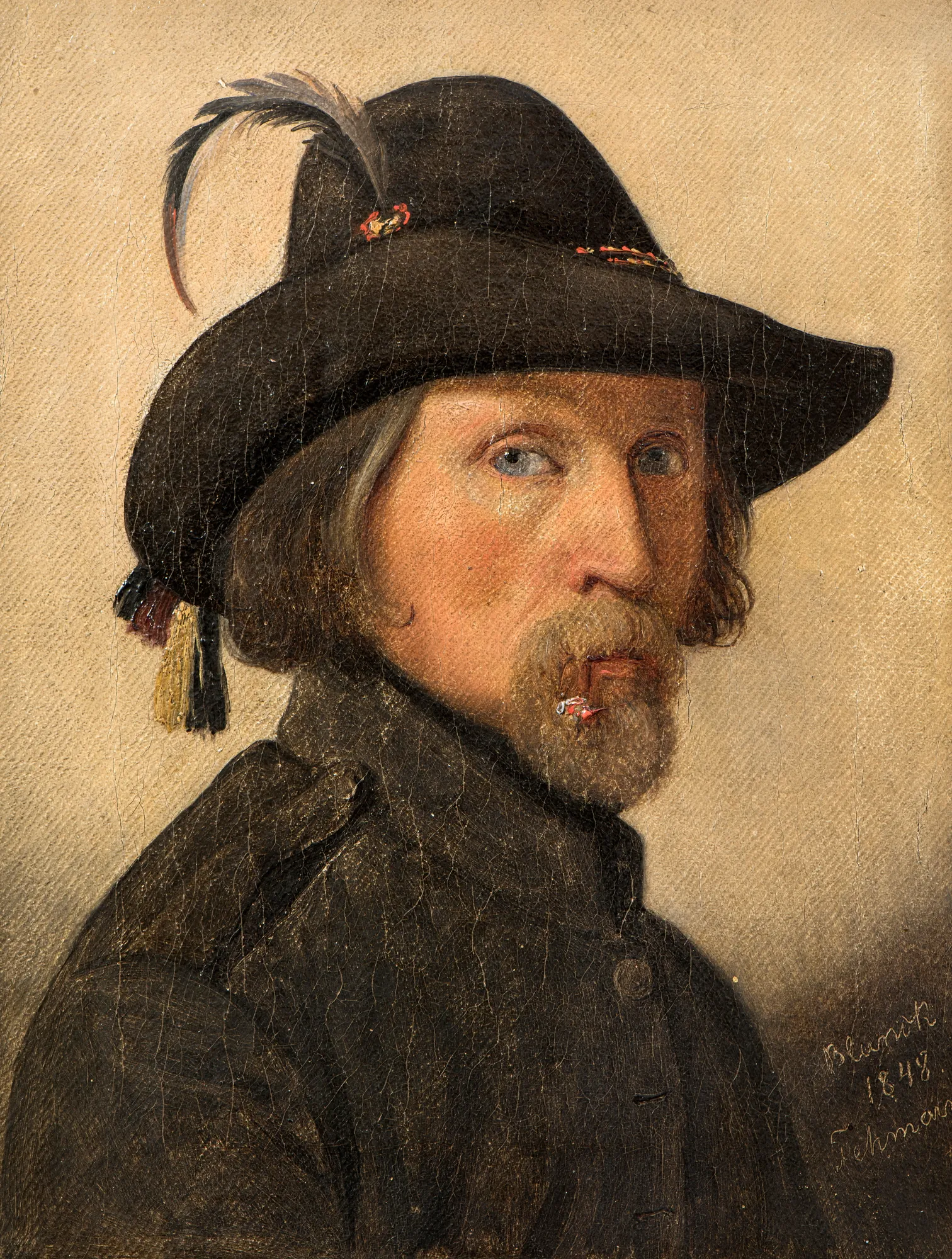 Self-Portrait as Legionnaire Self-Portrait as Legionnaire by Ditlev Blunck. A 19th-century oil portrait of a man with a beard and blue eyes wearing a black wide-brimmed hat with a feather.