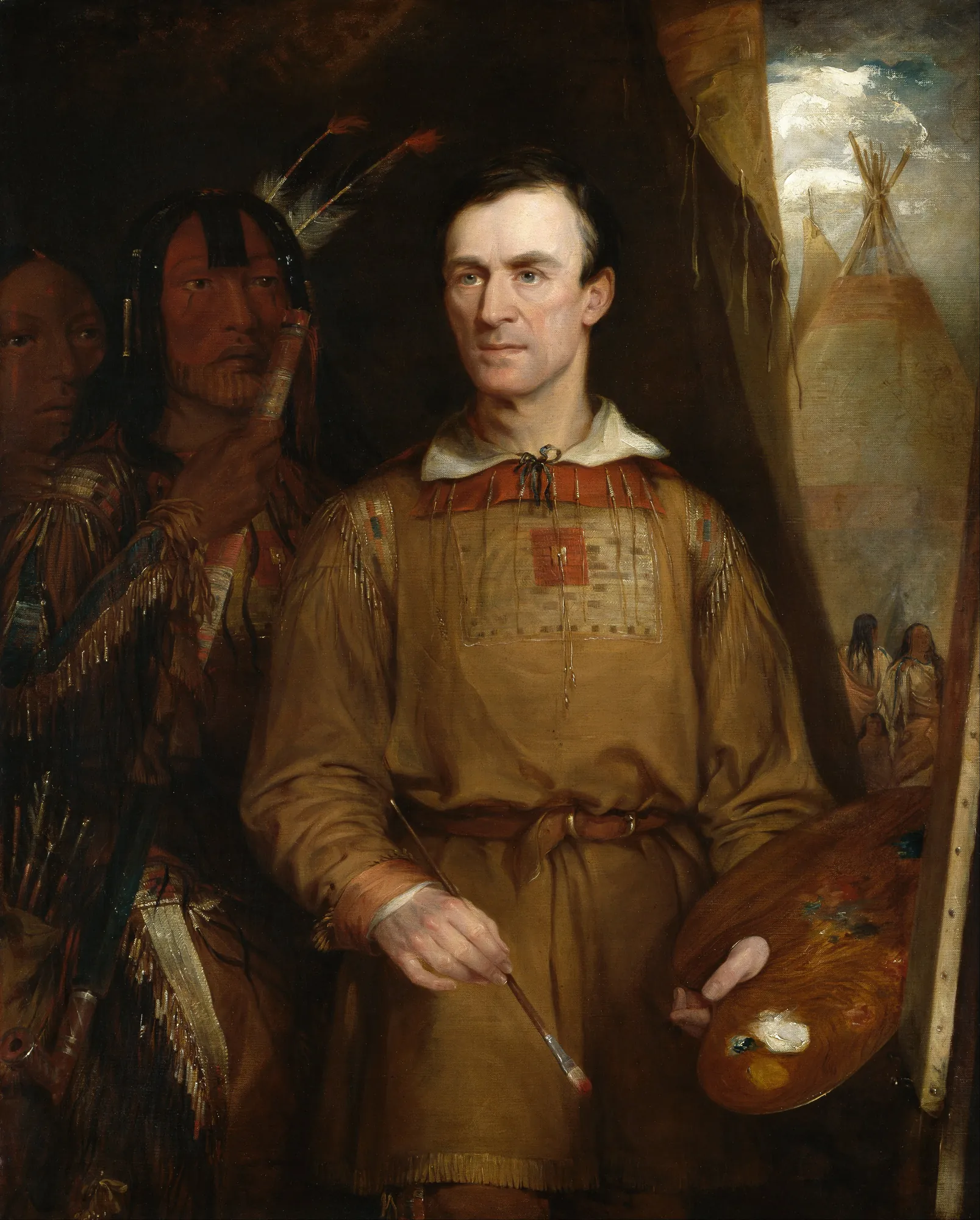 George Catlin George Catlin by William Fisk. A three-quarter length portrait of painter George Catlin in buckskin clothing, holding a palette and brush, with Native American figures and a tipi in the background.