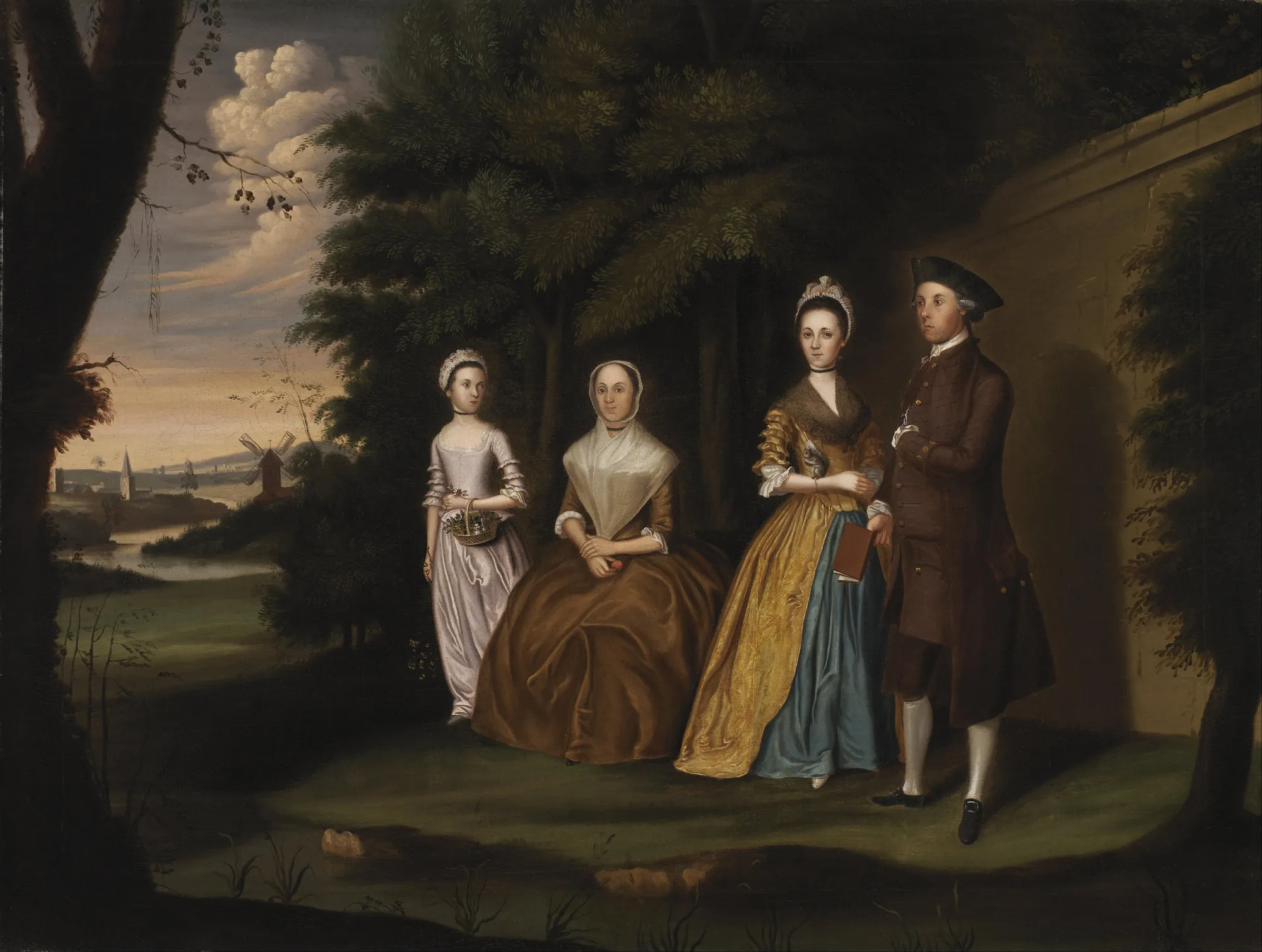 The Wiley Family The Wiley Family by William Williams. A family of four is arranged before a dense grove of trees with a pastoral landscape featuring a windmill and church in the distance.