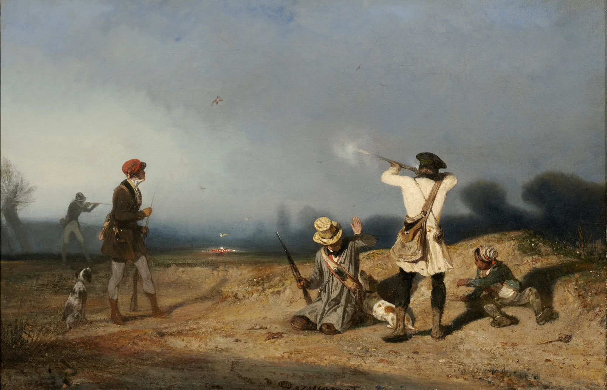 Bird Hunting Bird Hunting by Alexandre-Gabriel Decamps. A group of hunters and their dogs are depicted in an open landscape under a clouded sky, with one hunter firing his weapon.