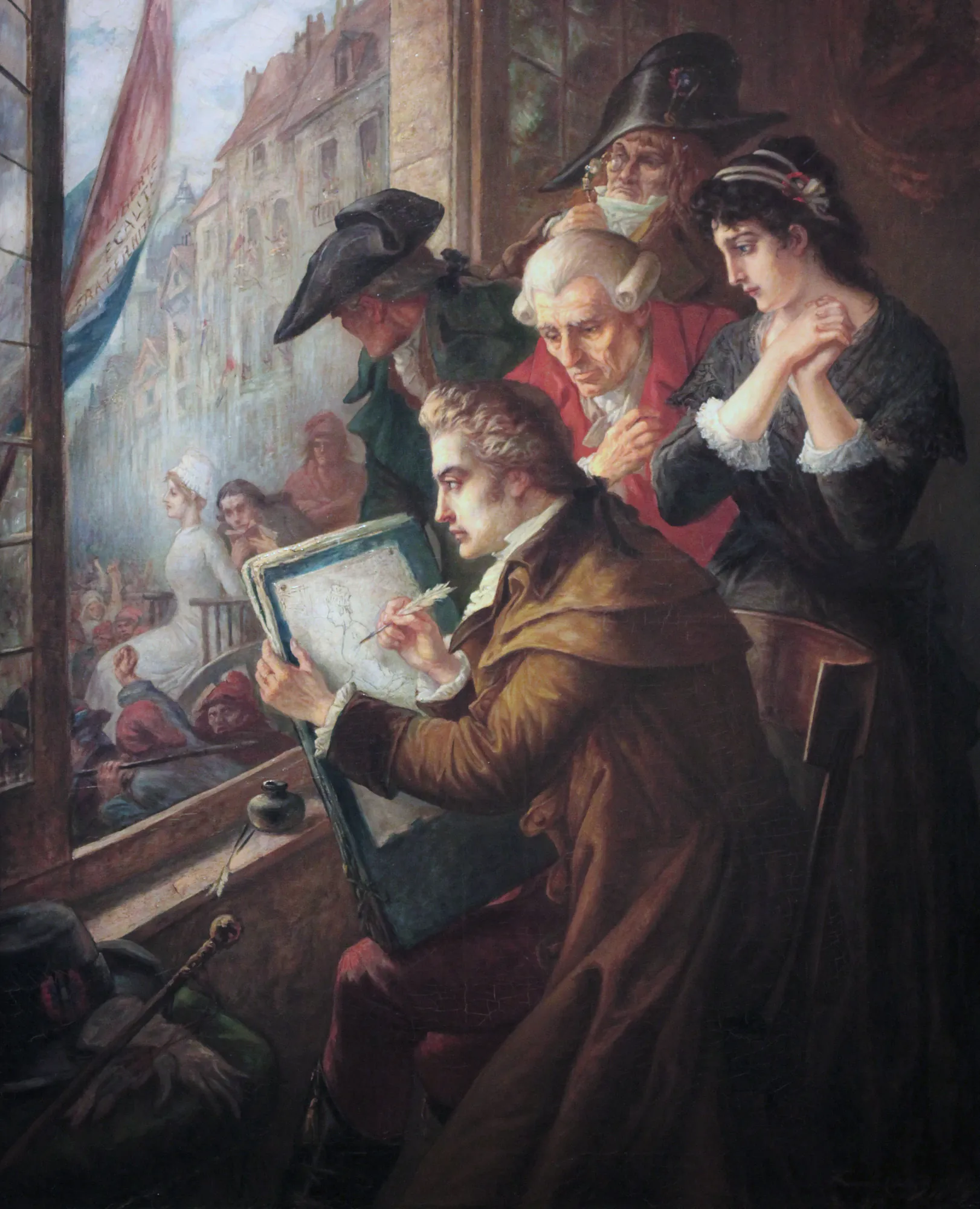 Louis David Drawing Marie-Antoinette on Her Way to Execution Louis David Drawing Marie-Antoinette on Her Way to Execution by Jean Emmanuel Van den Bussche. The artist Jacques-Louis David sits in the foreground sketching while a group of onlookers watches Marie-Antoinette through a window as she is led to the guillotine.