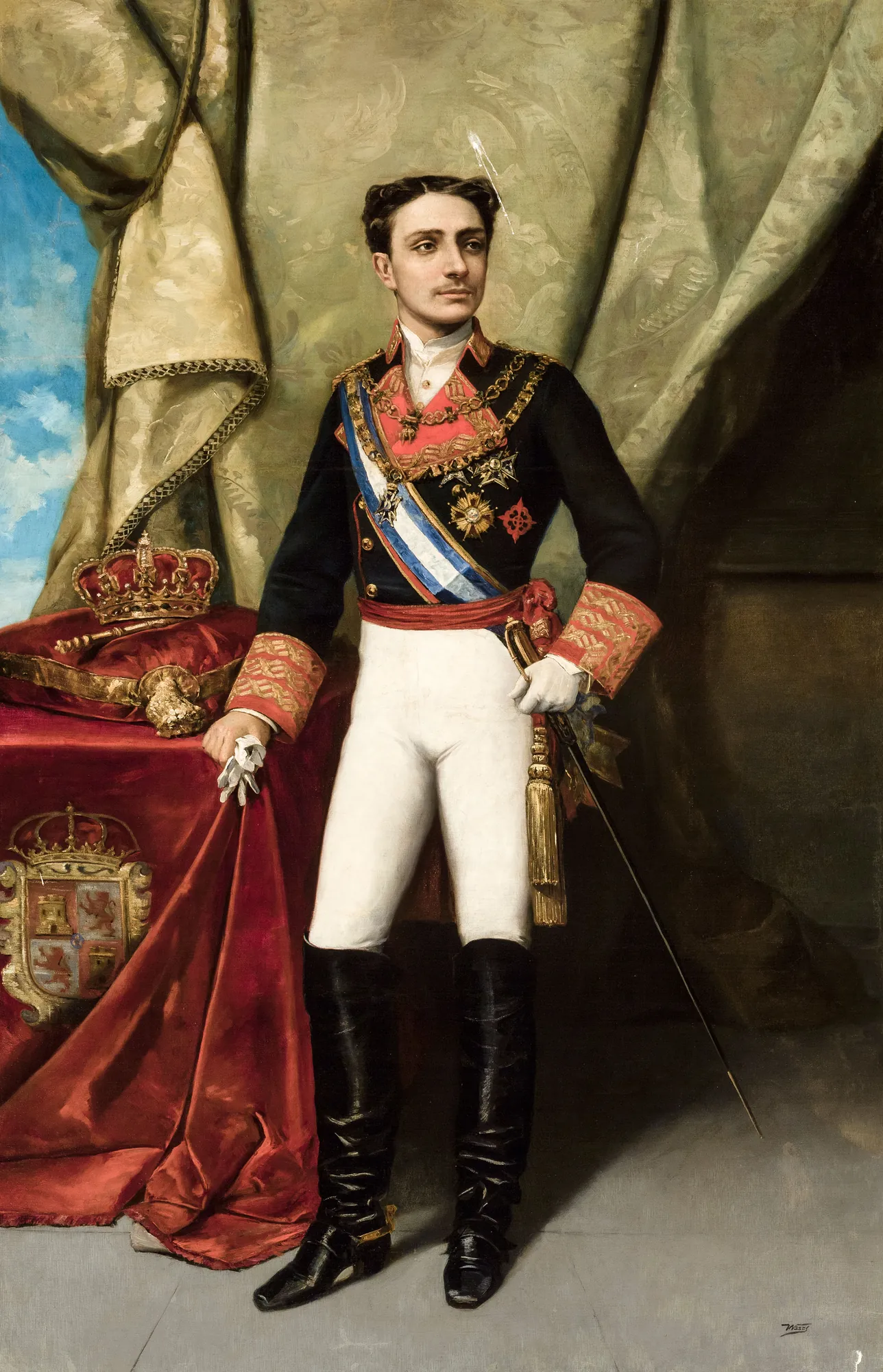 Alfonso XII of Spain Alfonso XII of Spain by Manuel Ussel de Guimbarda. A full-length oil painting of King Alfonso XII of Spain in a military uniform standing next to a table with the royal crown and coat of arms.