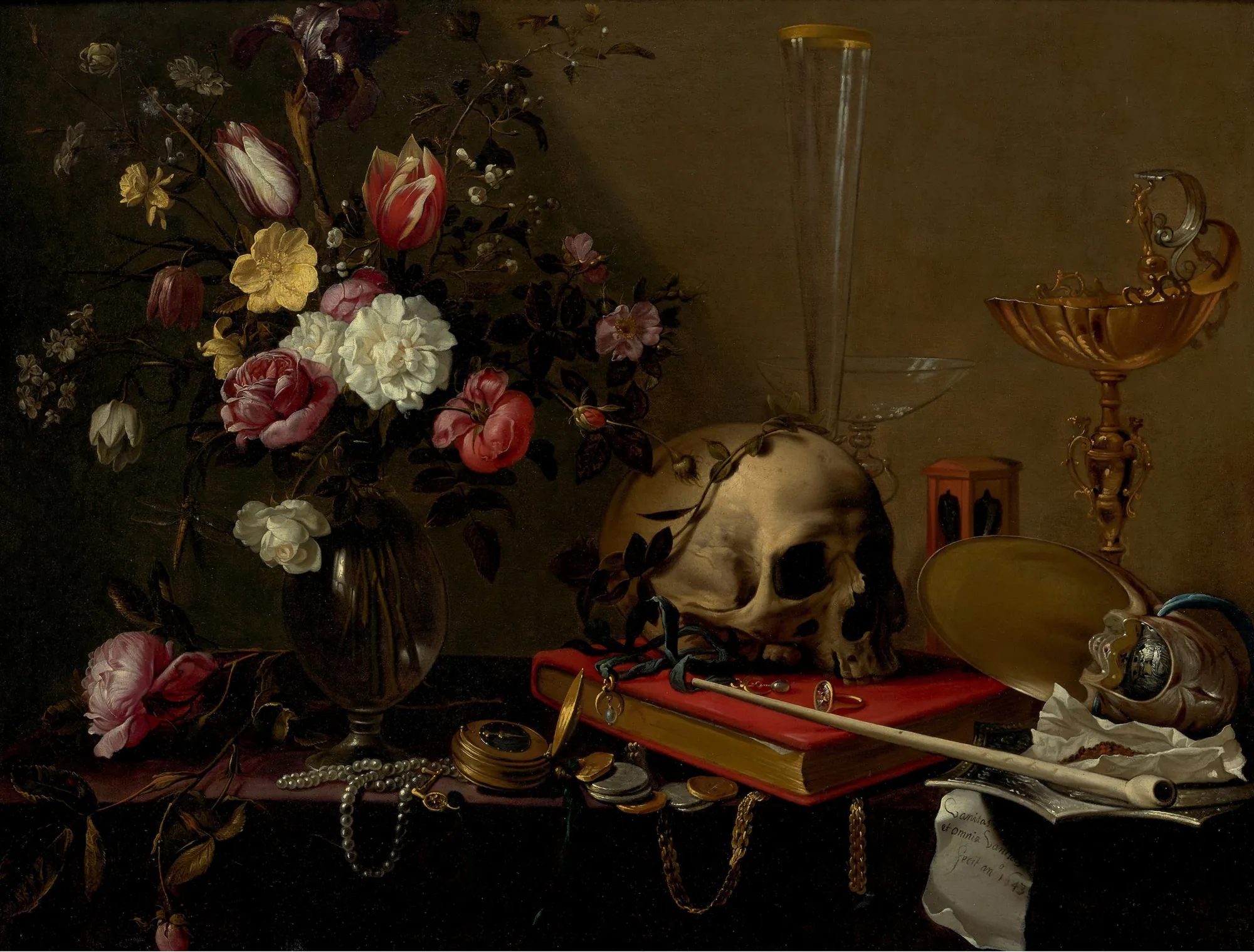 Vanitas Still Life with Bouquet and Skull Vanitas Still Life with Bouquet and Skull by Adriaen van Utrecht. A high-contrast Dutch Golden Age vanitas painting featuring a human skull on a red book, an ornate glass, and a lush bouquet of flowers.