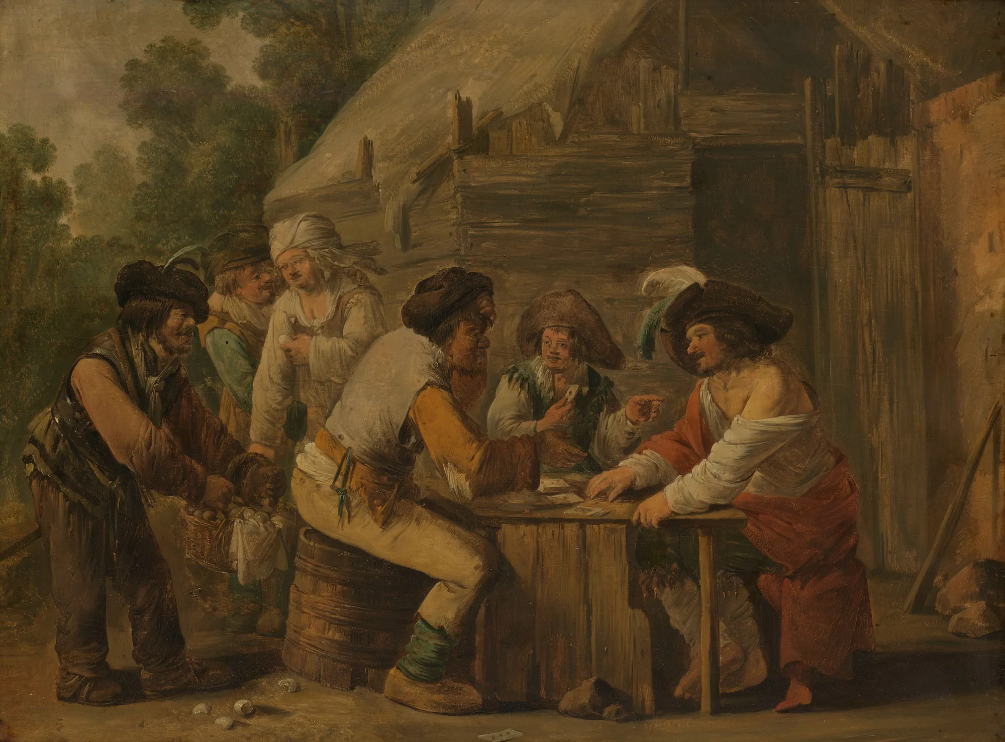 The Card Players The Card Players by Andries Both. A group of travelers and peasants are gathered around a makeshift wooden table playing cards outside a rustic hut.