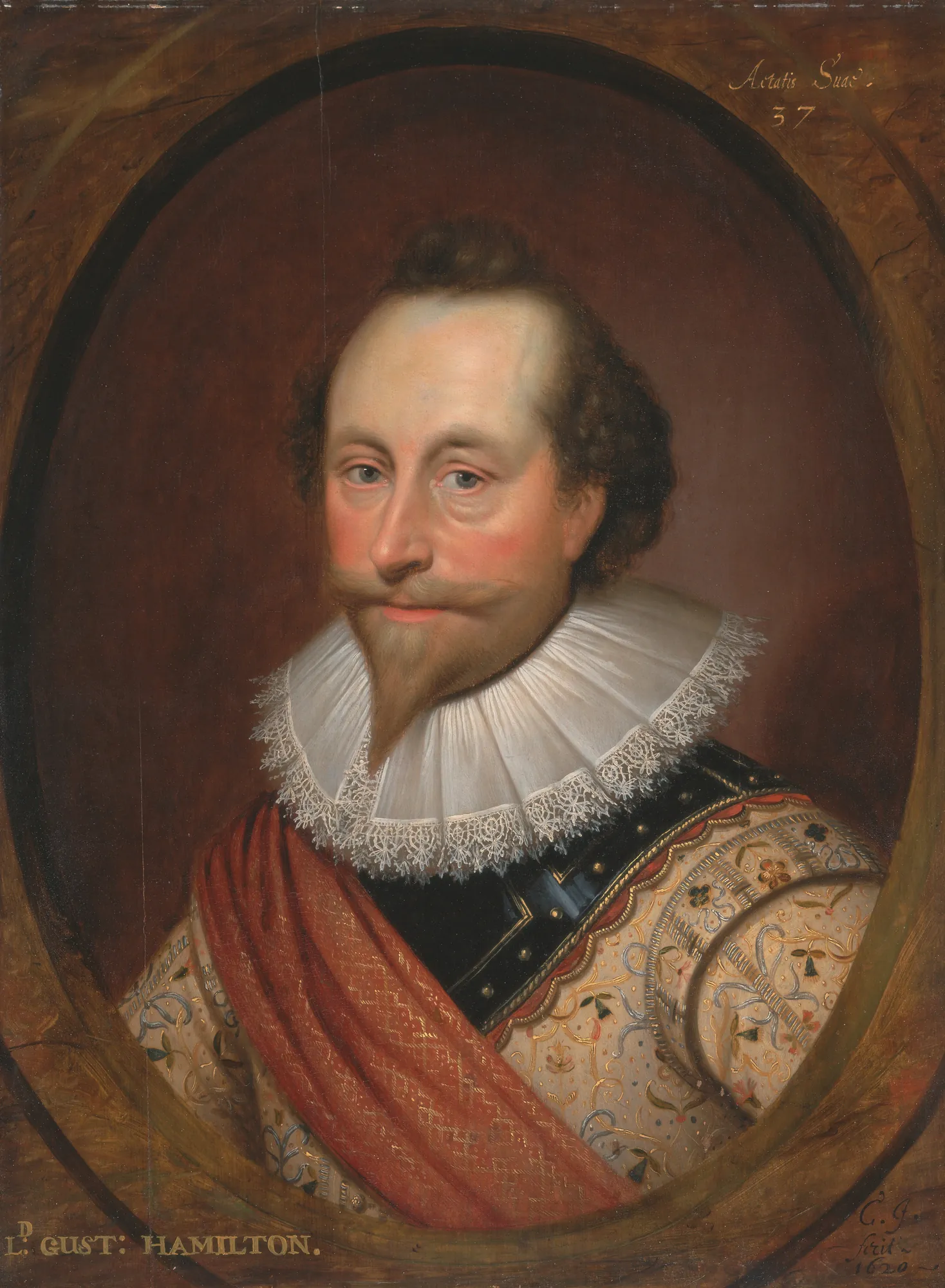 Sir Alexander Temple Sir Alexander Temple by Cornelis Janssens van Ceulen. A formal bust-length portrait of a man wearing a lace ruff and decorated doublet, set within a painted oval border.