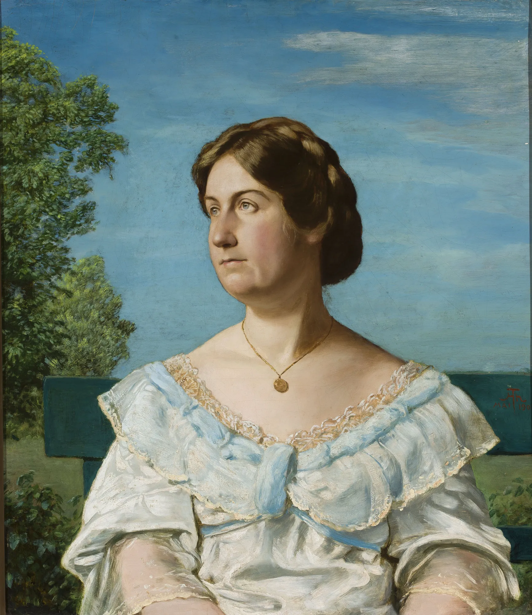 Portrait of Ella Blaue Portrait of Ella Blaue by Hans Thoma. A portrait of a woman with styled brown hair wearing a white and light blue ruffled dress, seated before a vast blue sky.
