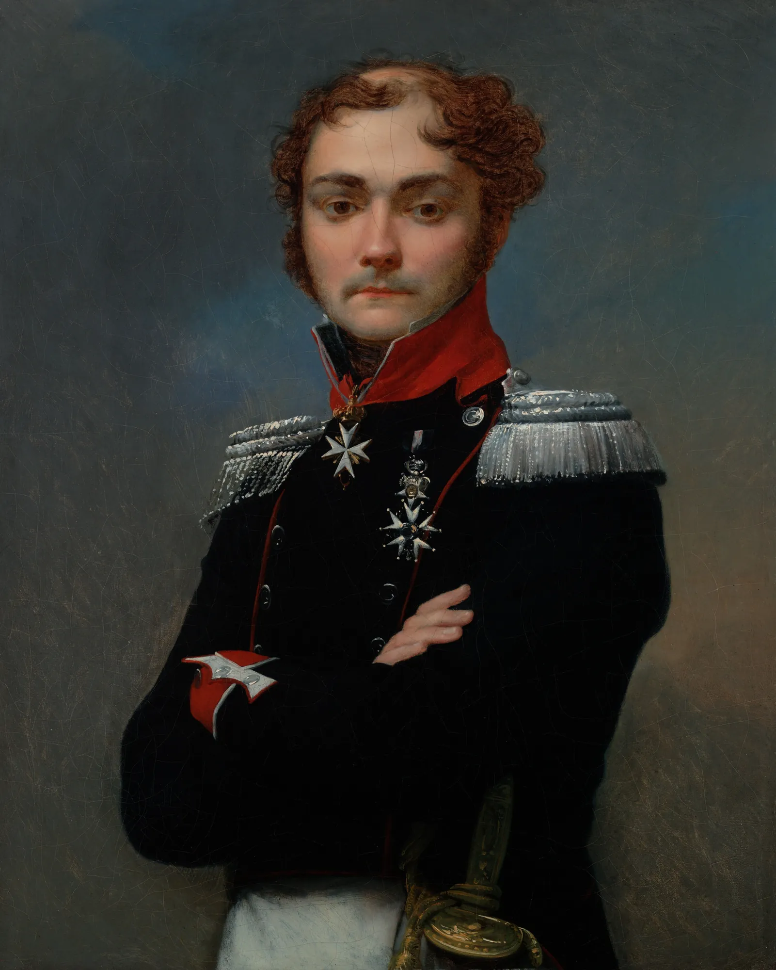 Portrait of Charles-Louis Regnault Portrait of Charles-Louis Regnault by Jean-Baptiste Regnault. A half-length portrait of a young man with curly brown hair wearing a dark military uniform with prominent silver epaulettes and a high red collar.
