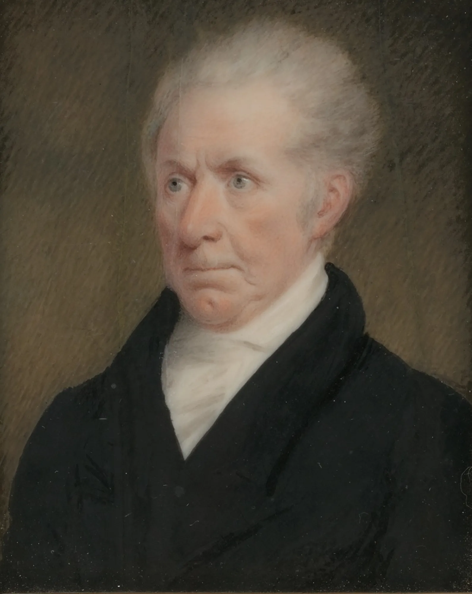 Portrait of Gilbert Stuart Portrait of Gilbert Stuart by Sarah Goodridge. A detailed miniature portrait of an elderly man with white hair, wearing a high-collared black coat and white cravat.
