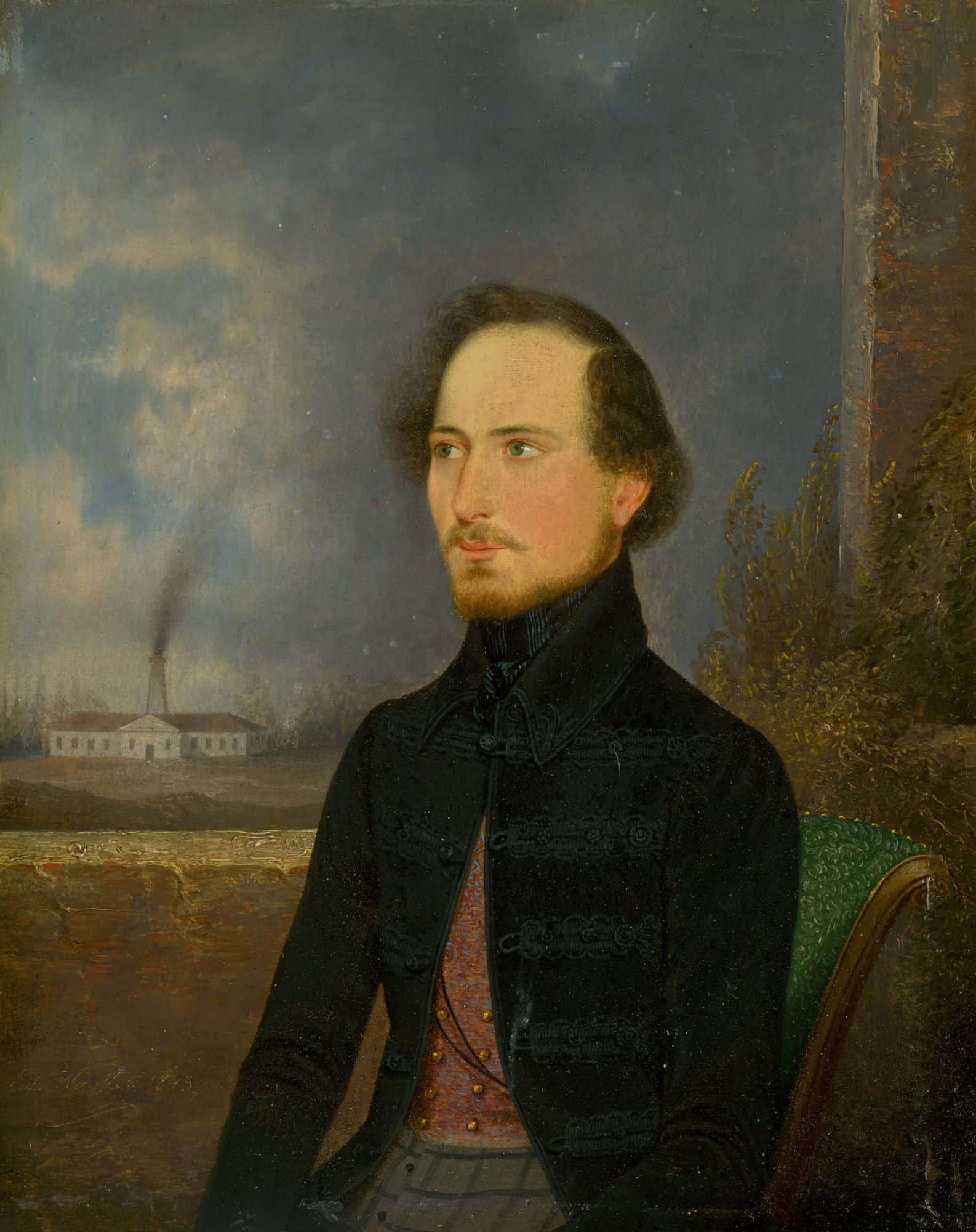 Portrait of J. Stróbl Portrait of J. Stróbl by Eduard Wirostek. A three-quarter portrait of a young man with a beard, wearing a dark frogged jacket, set against a moody sky and a distant building with a smoking chimney.