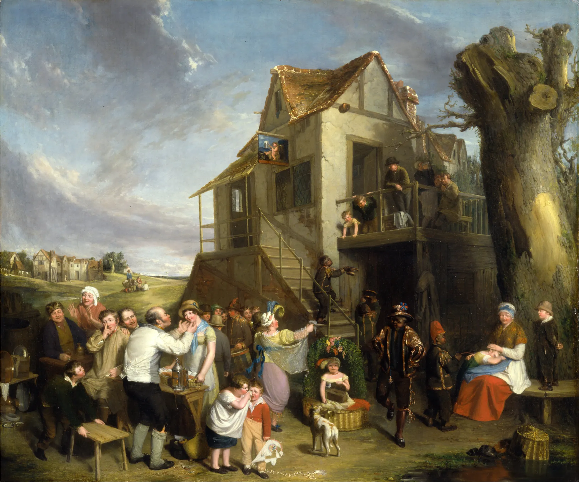 May Day May Day by William Collins. A bustling crowd of villagers celebrates May Day in front of a rustic inn, with a Jack-in-the-Green and various narrative vignettes.