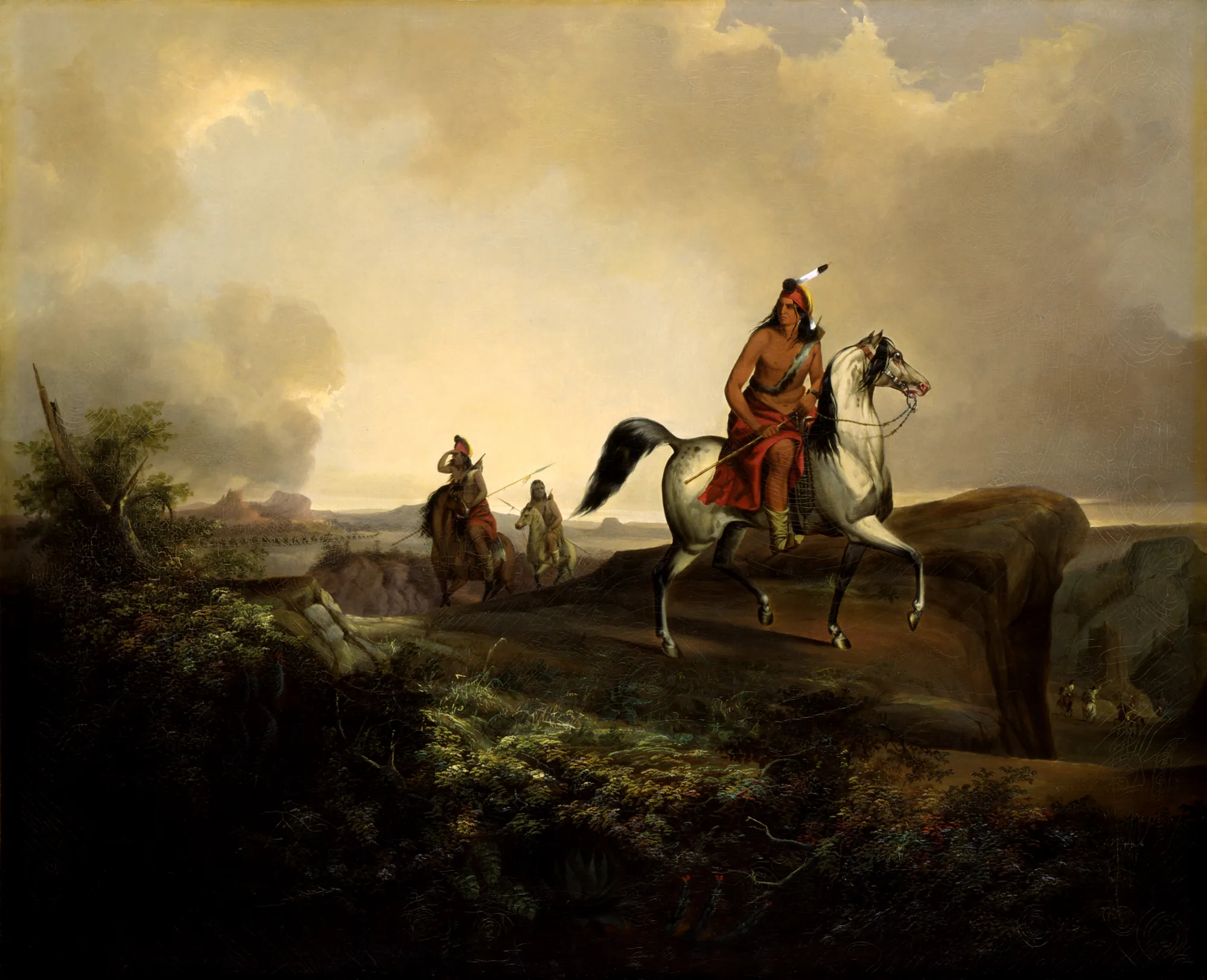 Black Knife, an Apache Warrior Black Knife, an Apache Warrior by John Mix Stanley. An equestrian portrait of an Apache warrior on a dappled grey horse, set against a rugged canyon landscape under a sweeping, luminous sky.