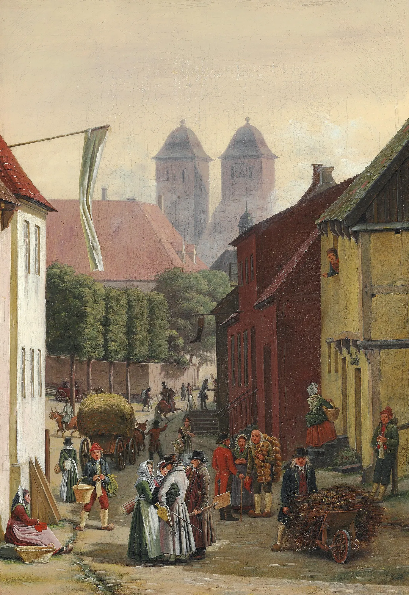 A Market Day in Viborg A Market Day in Viborg by Martinus Rørbye. A bustling 19th-century Danish street scene with townspeople, carts, and historical architecture leading toward cathedral towers in the distance.