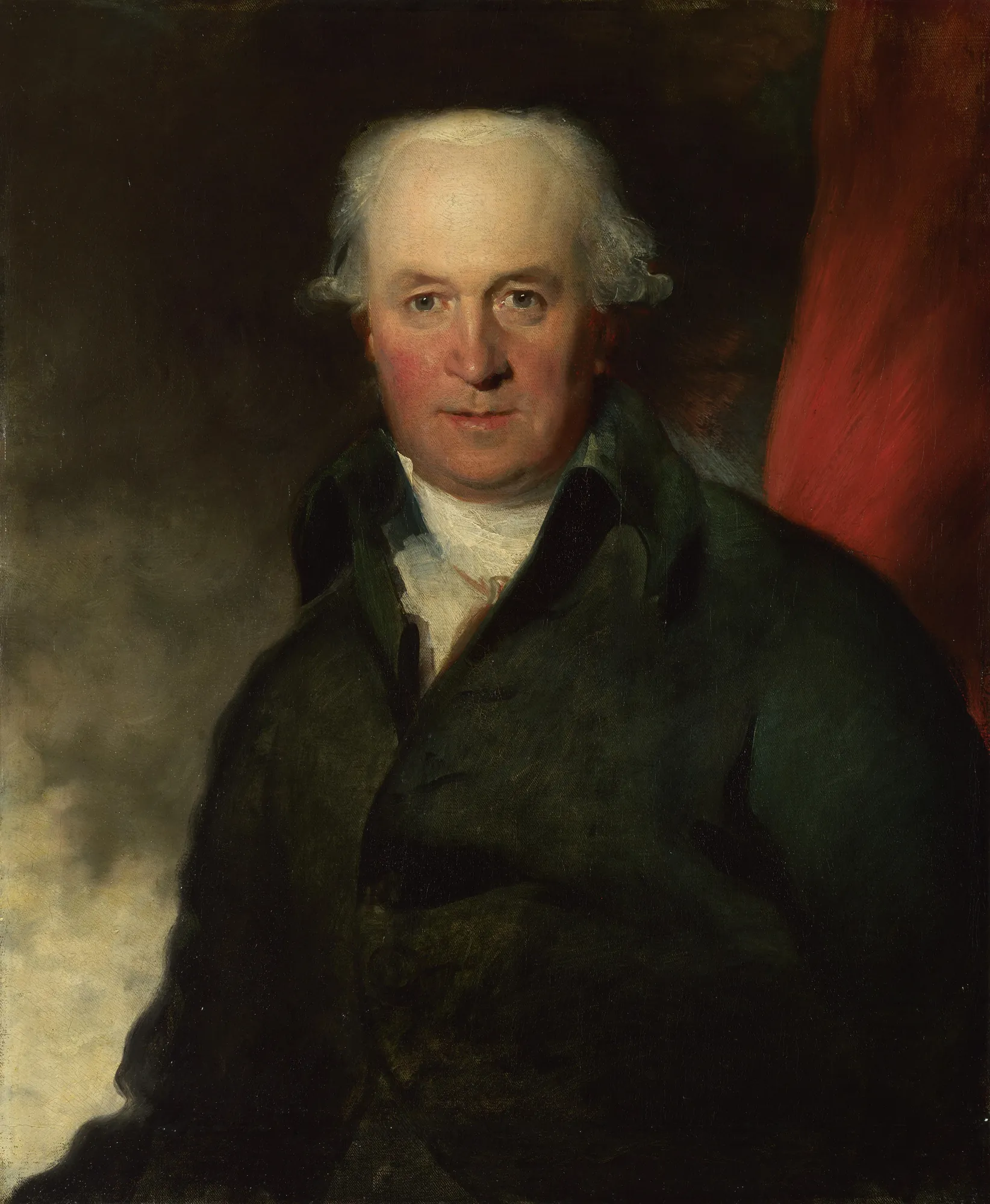 John Julius Angerstein John Julius Angerstein by Thomas Lawrence. A half-length portrait of a middle-aged man with powdered hair, wearing a dark green coat and white cravat against a dark, atmospheric background with a red accent.