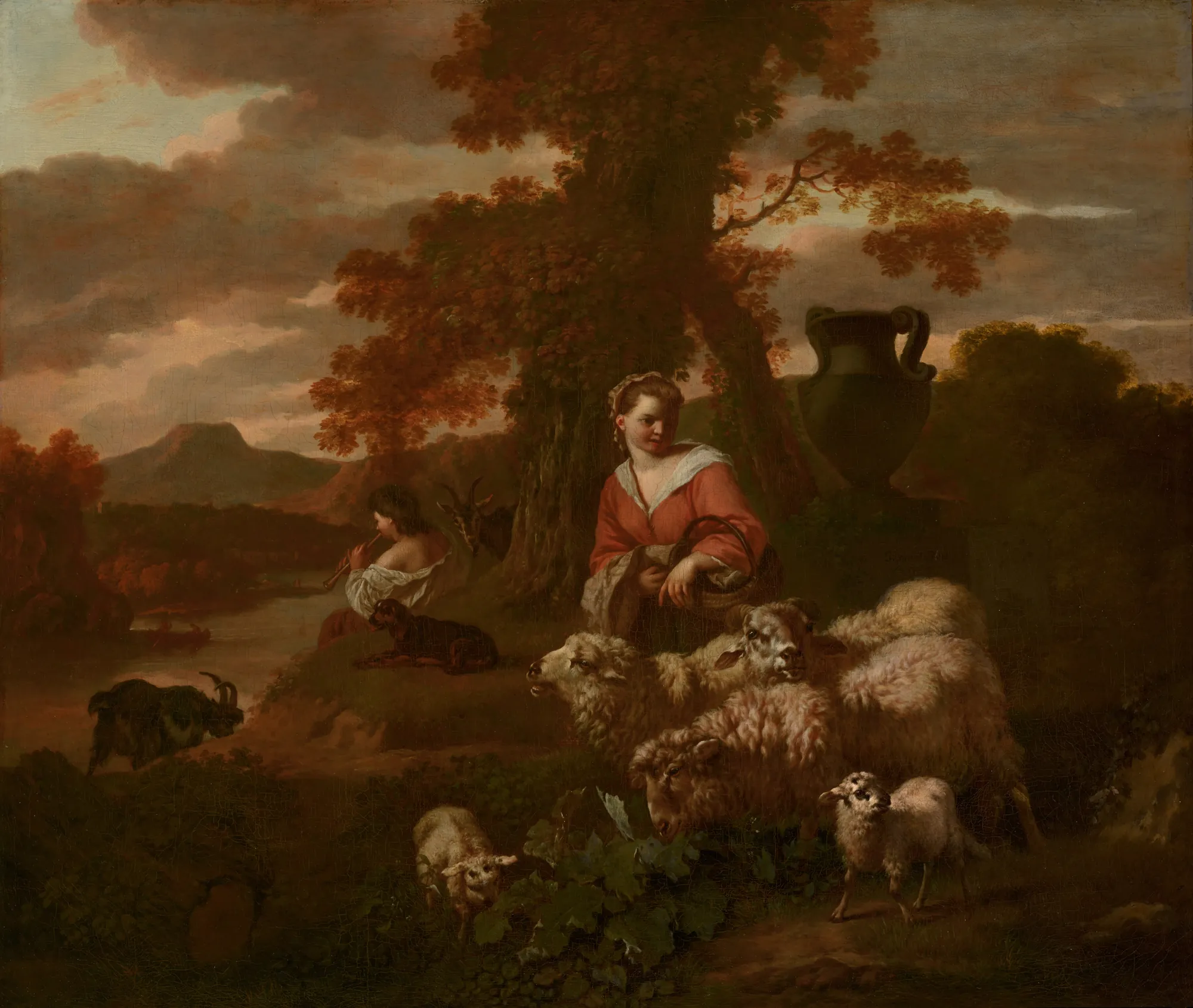 Shepherdess and Shepherd with Sheep and Goats Shepherdess and Shepherd with Sheep and Goats by Simon van der Does. A pastoral scene depicts a young shepherdess and a seated shepherd surrounded by a flock of sheep and goats near a large stone urn.