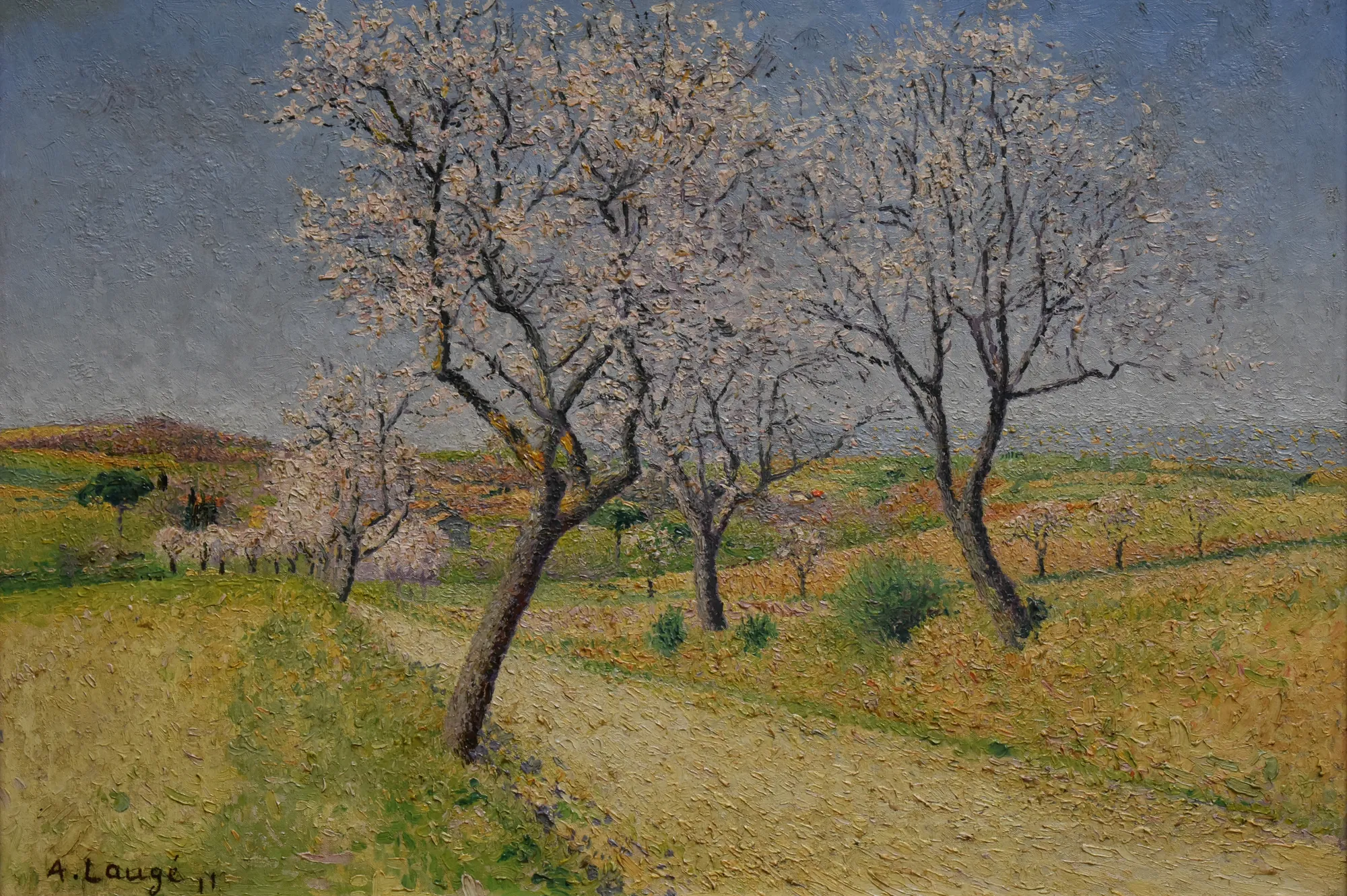 Route de Cailhavel Route de Cailhavel by Achille Laugé. A sunlit country road lined with flowering trees under a pale blue sky, rendered in a pointillist style.