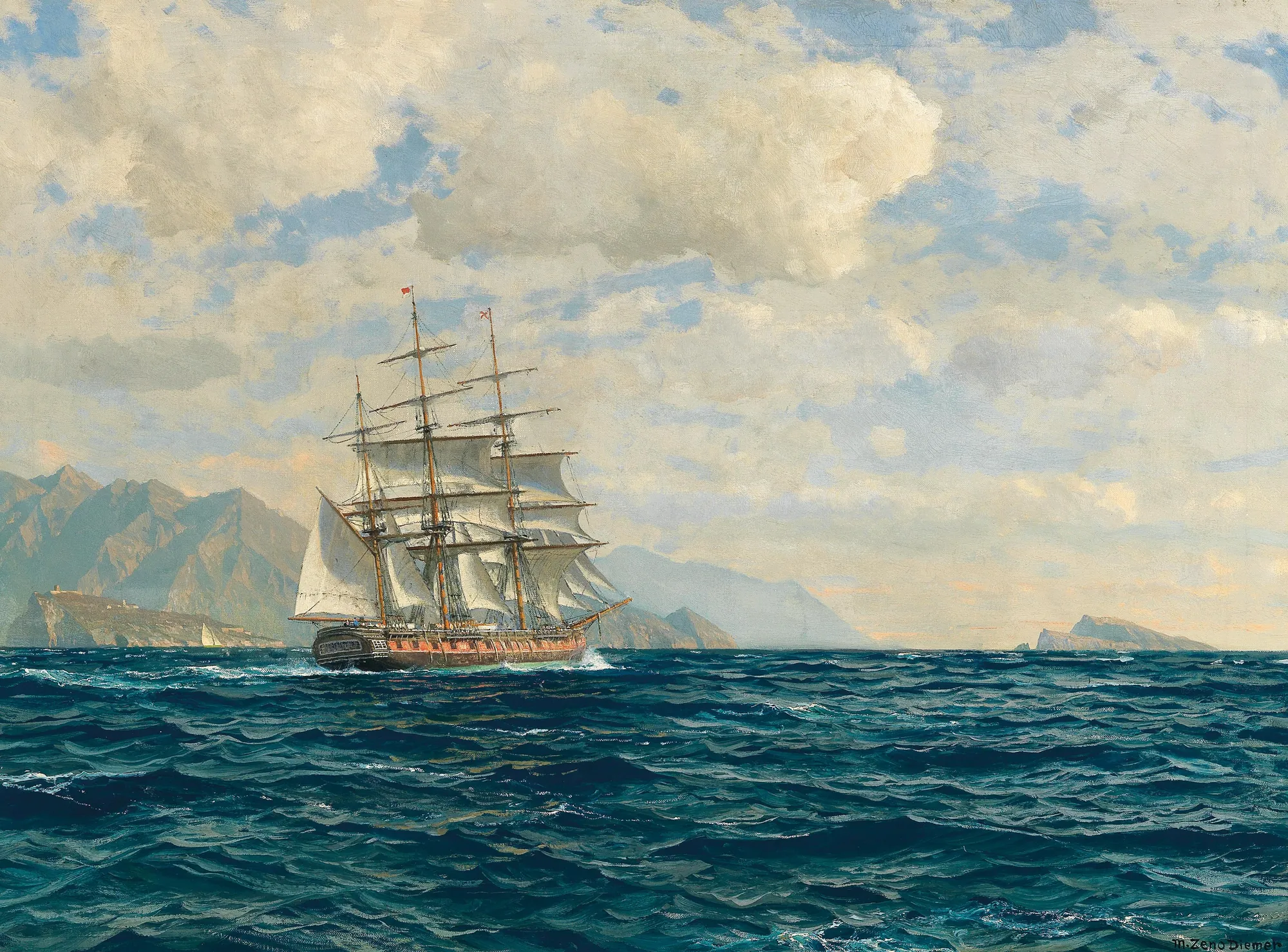 Three-Master in the Strait of Messina Three-Master in the Strait of Messina by Michael Zeno Diemer. A large three-masted sailing ship navigates choppy deep blue waves against a backdrop of distant mountains and a sky filled with bright, billowy clouds.