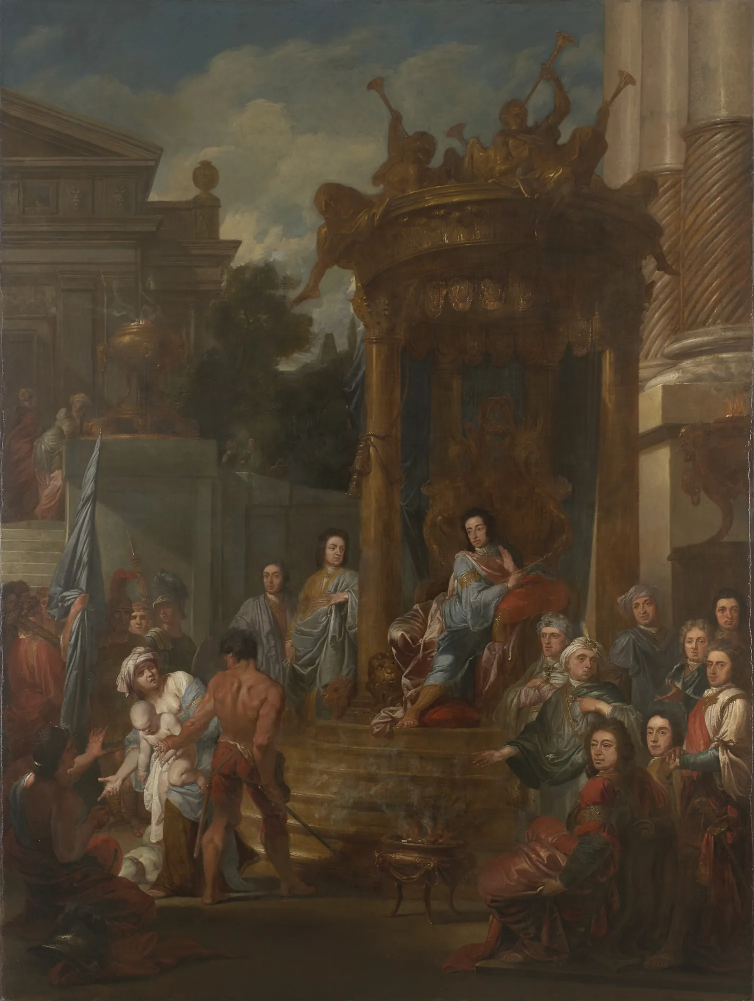 King William III as Solomon King William III as Solomon by Jan van Orley. King William III sits on an ornate golden throne under a canopy, presiding over the Judgment of Solomon among a crowd of onlookers and classical architecture.