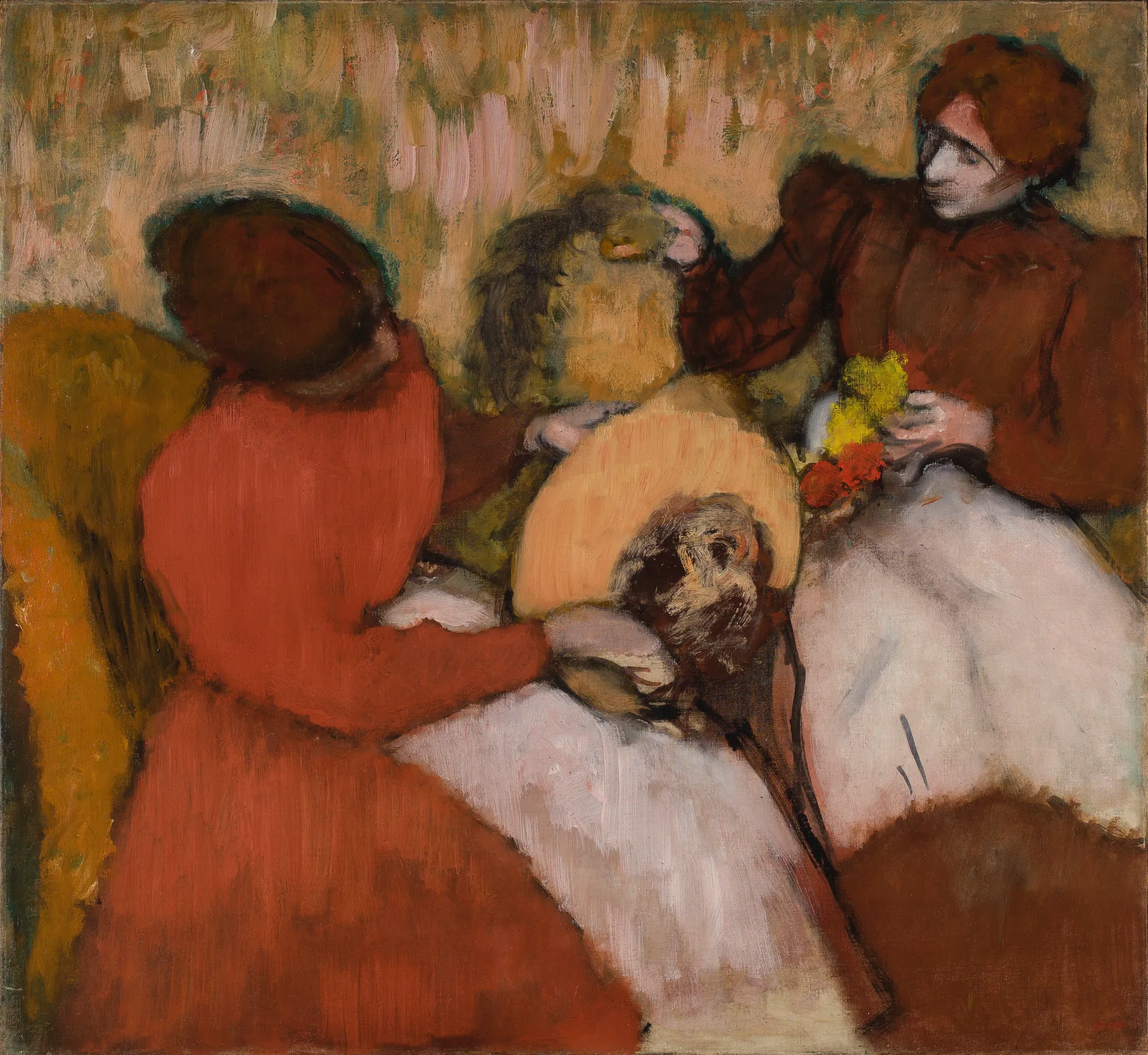 The Milliners The Milliners by Edgar Degas. Two women lean over a table in a workshop, working intently on decorating straw hats with colorful flowers.