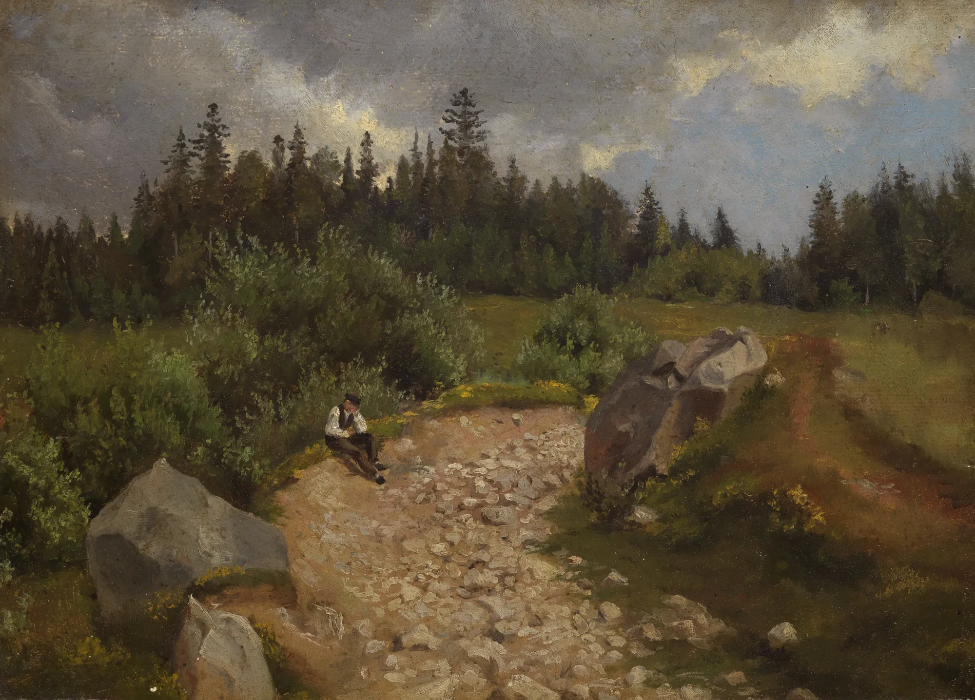 Stony Path at the Edge of the Forest with a Seated Man