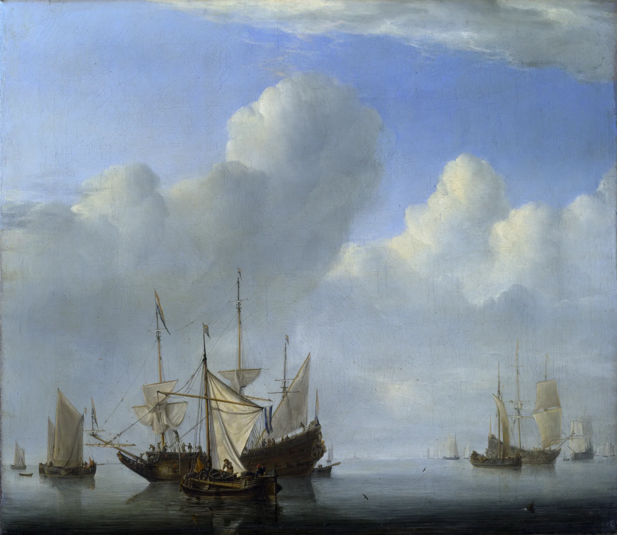 A Dutch Ship coming to Anchor A Dutch Ship coming to Anchor by Willem van de Velde the Younger. Several sailing vessels are depicted on a calm sea under an expansive sky with towering, sunlit clouds.