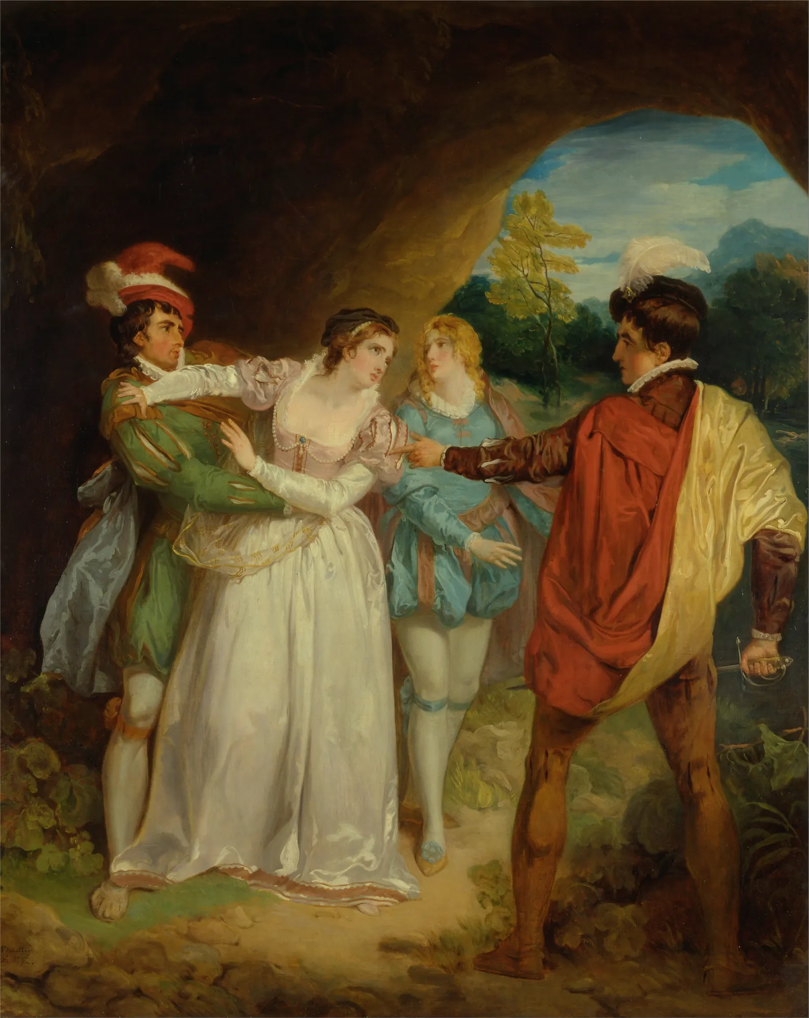 Valentine Rescuing Silvia from Proteus Valentine Rescuing Silvia from Proteus by Francis Wheatley. Four figures dressed in ornate 18th-century attire are depicted in a dramatic moment within a dark, rocky cave that opens to a sunlit forest landscape.