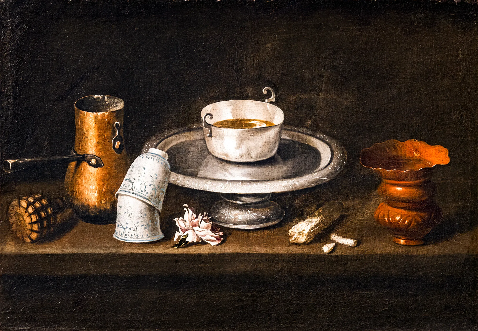 Still Life with Bowl of Chocolate Still Life with Bowl of Chocolate by Juan de Zurbarán. A dark, atmospheric still life featuring a silver bowl of chocolate on a pedestal, flanked by a copper pot, ceramic cups, and a single flower on a stone ledge.