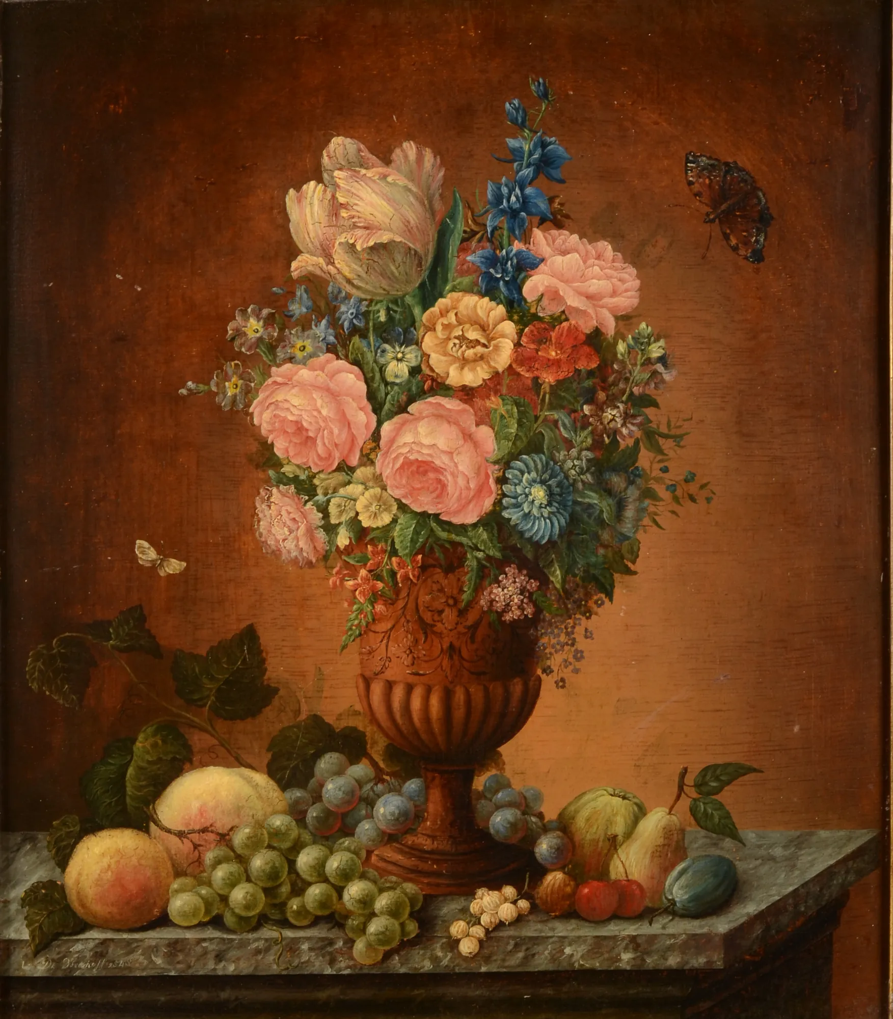 Still Life with Flowers and Fruit in a Vase Still Life with Flowers and Fruit in a Vase by Dirk Weeshoff. A lush arrangement of roses, tulips, and blue delphiniums in an ornate terracotta urn, surrounded by grapes, peaches, and berries on a marble ledge.