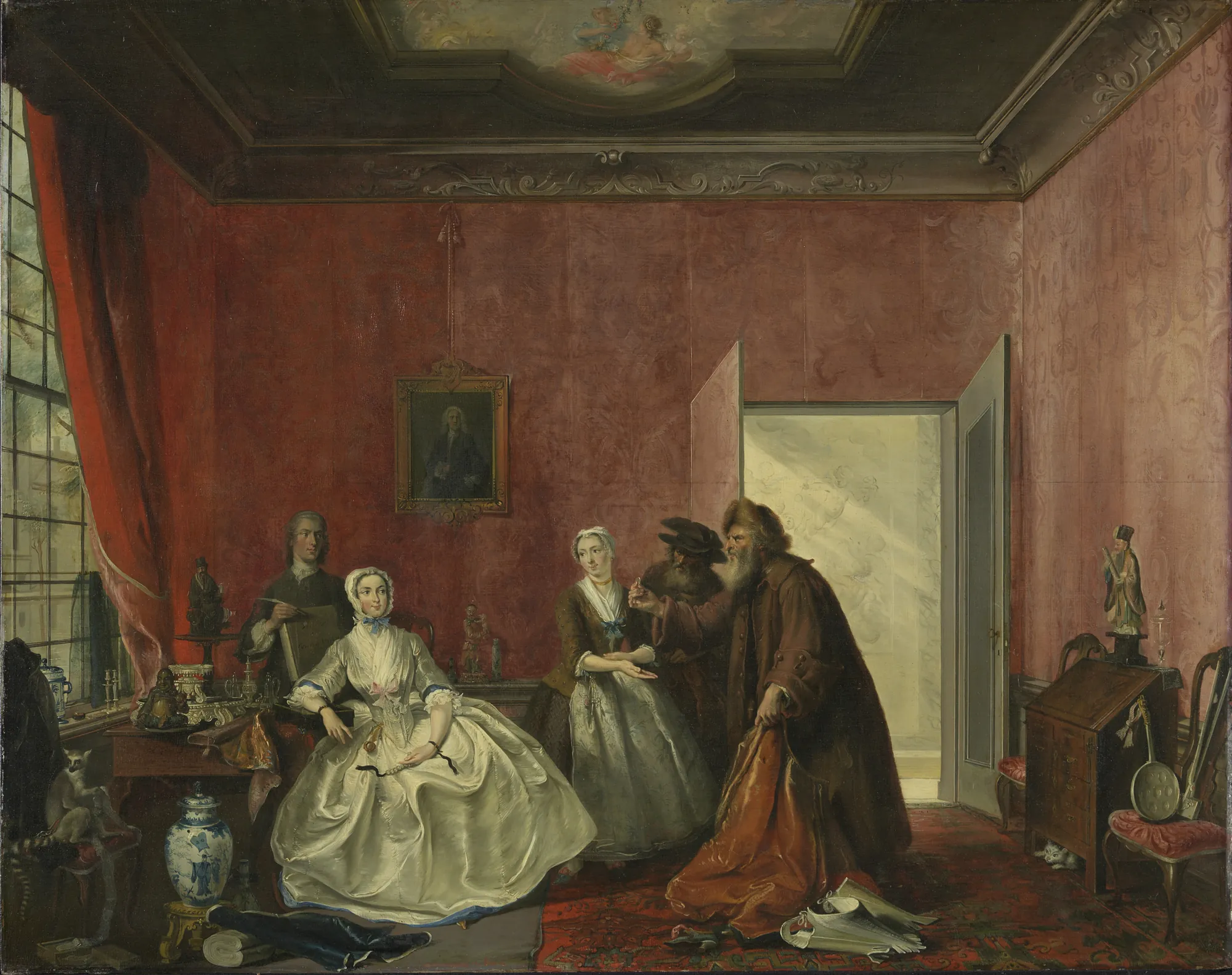 De 'Spilpenning' (The Spendthrift) De 'Spilpenning' (The Spendthrift) by Cornelis Troost. A theatrical 18th-century interior scene with several figures in elaborate costumes gathered in a room with deep red walls and ornate furnishings.