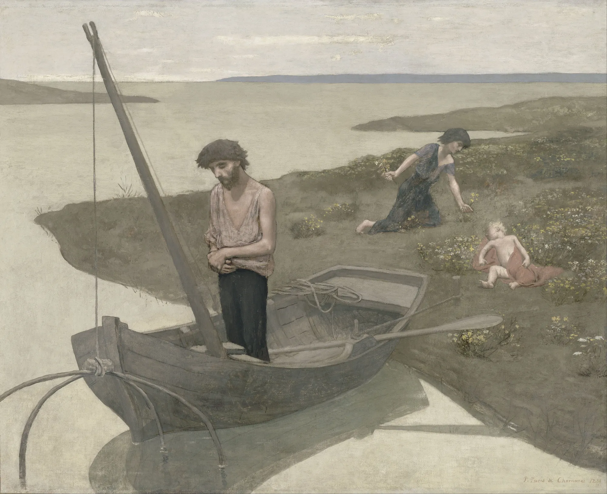 The Poor Fisherman The Poor Fisherman by Pierre Puvis de Chavannes. A fisherman stands in a small wooden boat with his hands clasped, while a woman kneels in the distance and a child rests on the ground.