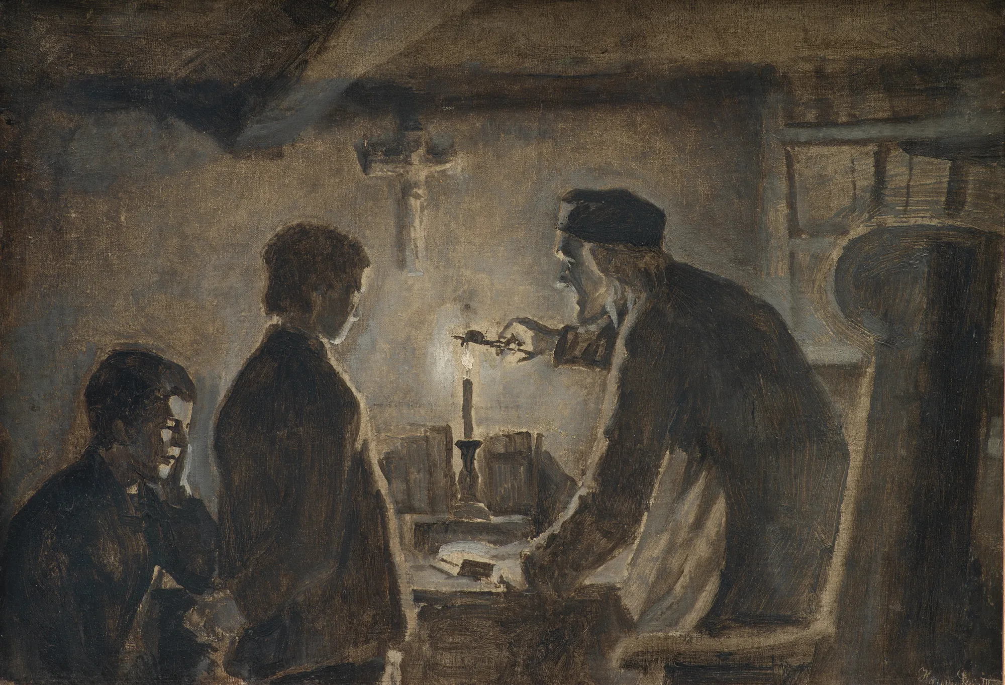 Pastor Sören Blowing Out the Candle Pastor Sören Blowing Out the Candle by Hans Smidth. An elderly man in a dark cap leans over a table to extinguish a single candle with snuffers, while two young men watch in a dimly lit room with a crucifix on the wall.