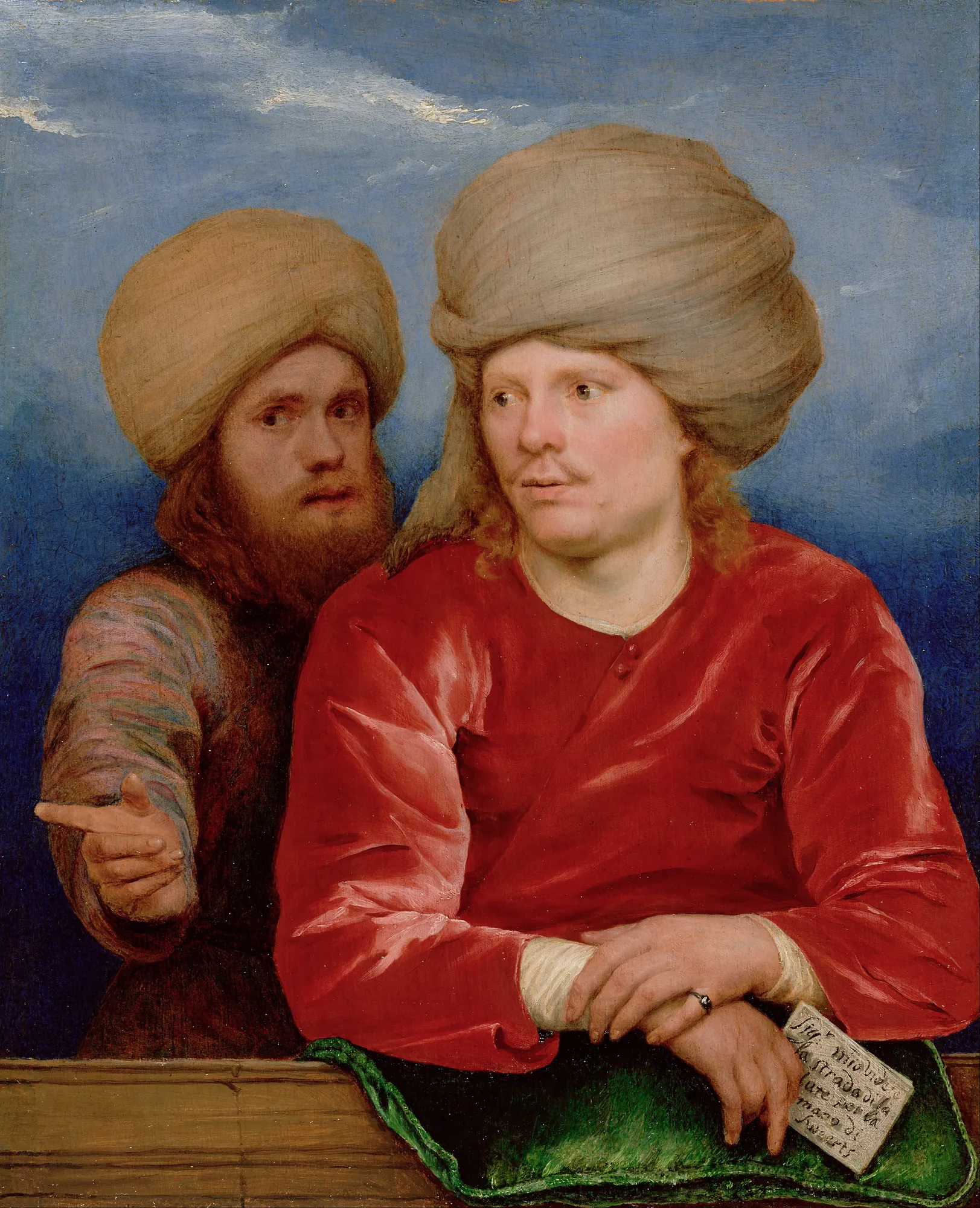 Double Portrait Double Portrait by Michiel Sweerts. Two men wearing large turbans are depicted against a blue sky, with the foreground figure in a bright red tunic leaning on a wooden ledge.