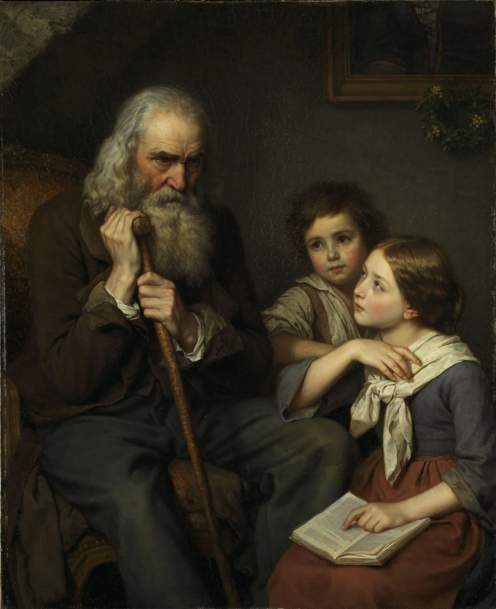 The Orphans The Orphans by Amalia Lindegren. An elderly man with a long white beard leans on a wooden staff while two young children sit beside him, one holding an open book.