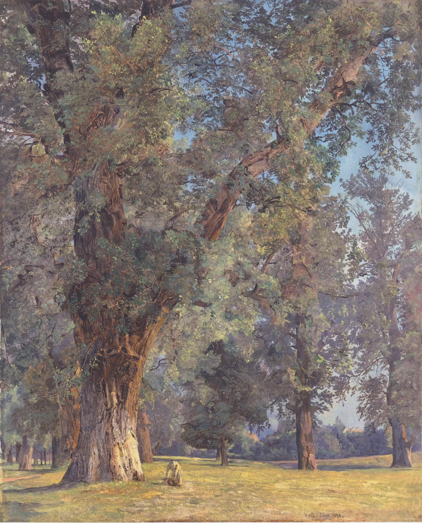 Trees in the Prater Trees in the Prater by Ferdinand Georg Waldmüller. A detailed study of majestic, ancient trees with thick trunks and dense foliage in a sunlit park setting.