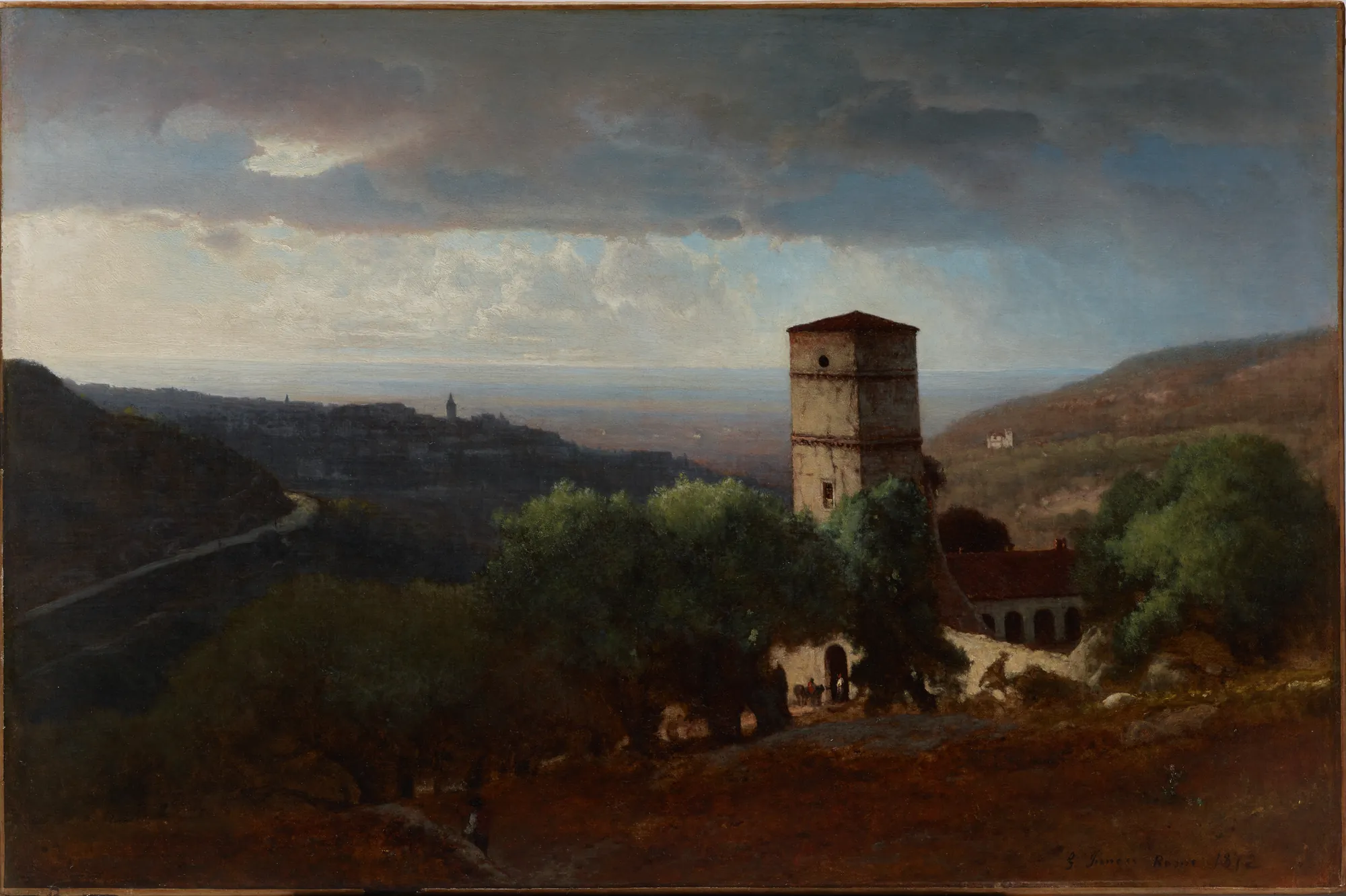 View of Rome from Tivoli View of Rome from Tivoli by George Inness. A stone tower stands amidst lush trees overlooking a distant valley toward the city of Rome under a vast, cloud-filled sky.