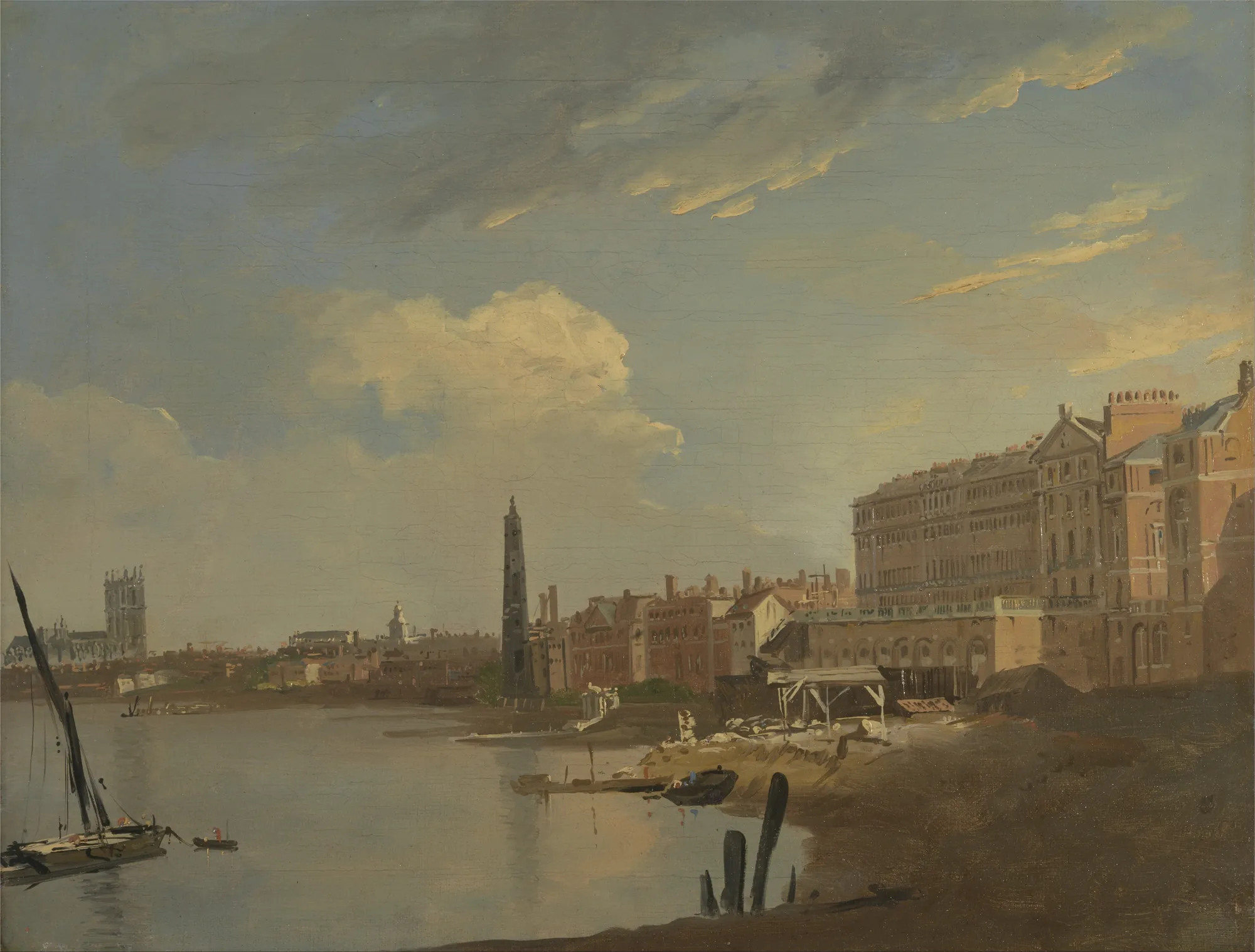 The Thames and the Adelphi The Thames and the Adelphi by Unknown Artist. An 18th-century oil painting depicting the River Thames with the neoclassical Adelphi buildings along the right bank and industrial activity on the muddy shore.