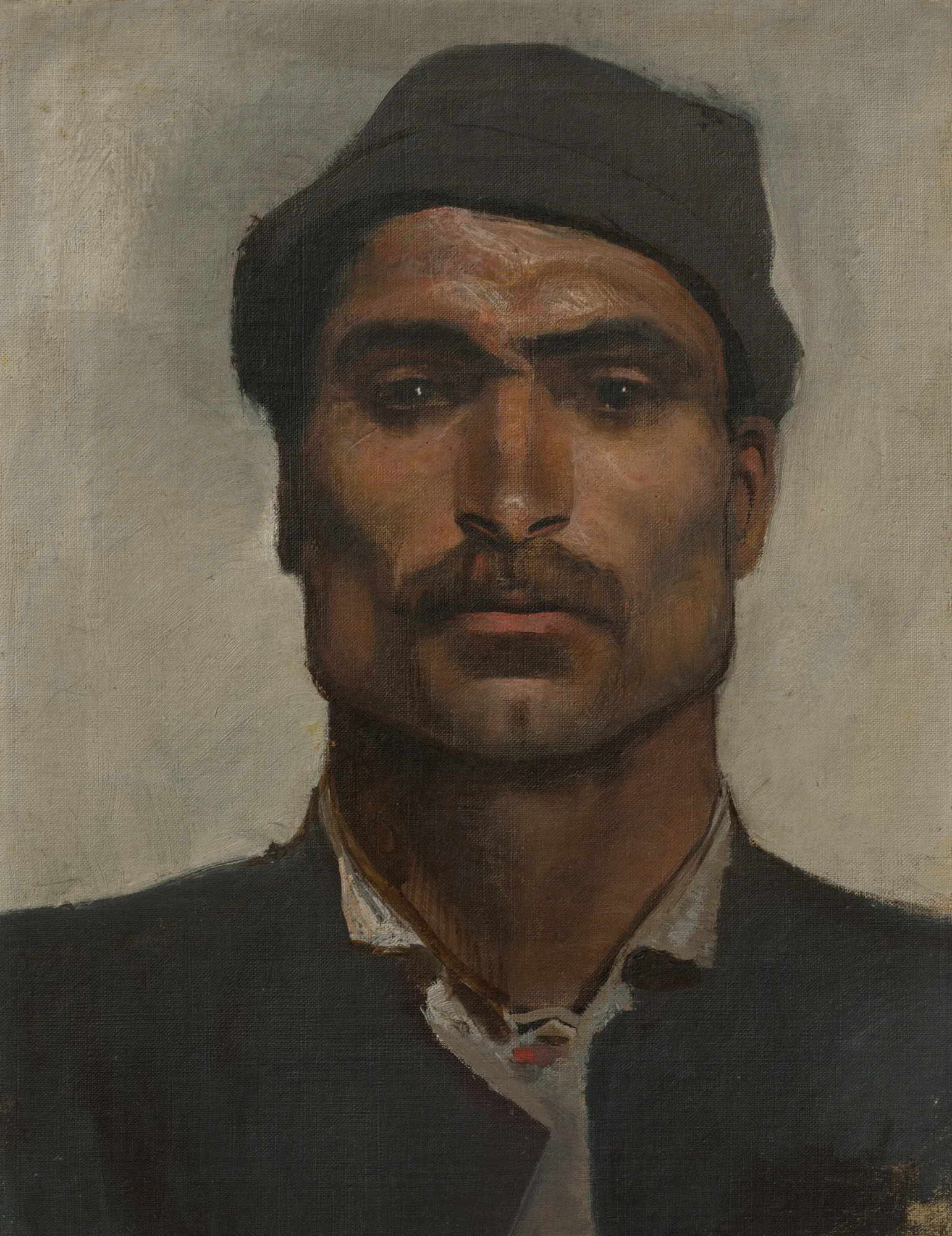 Head of a Man with a Brimmed Hat Head of a Man with a Brimmed Hat by László Mednyánszky. A soulful oil portrait of a man with a mustache wearing a dark brimmed hat against a neutral grey background.