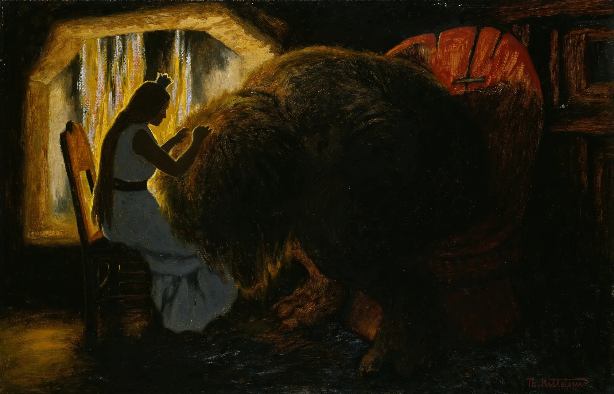 The Princess picking Lice from the Troll The Princess picking Lice from the Troll by Theodor Kittelsen. A princess in a pale blue gown sits in silhouette against a glowing hearth, her hands buried in the thick, dark fur of a massive troll resting its head in her lap.