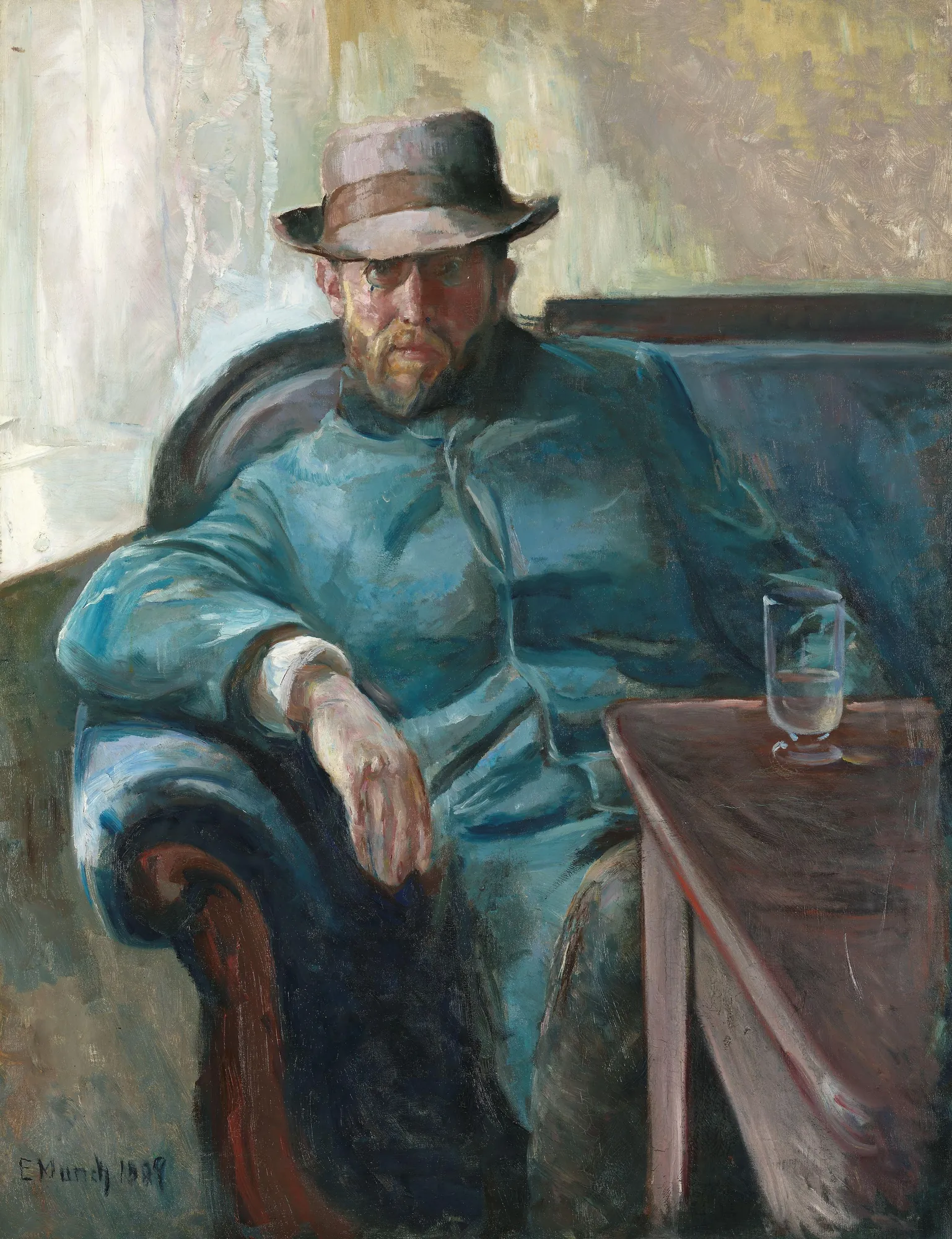 Hans Jæger Hans Jæger by Edvard Munch. A bearded man wearing a brown hat and a blue jacket sits on a sofa next to a table with a glass.