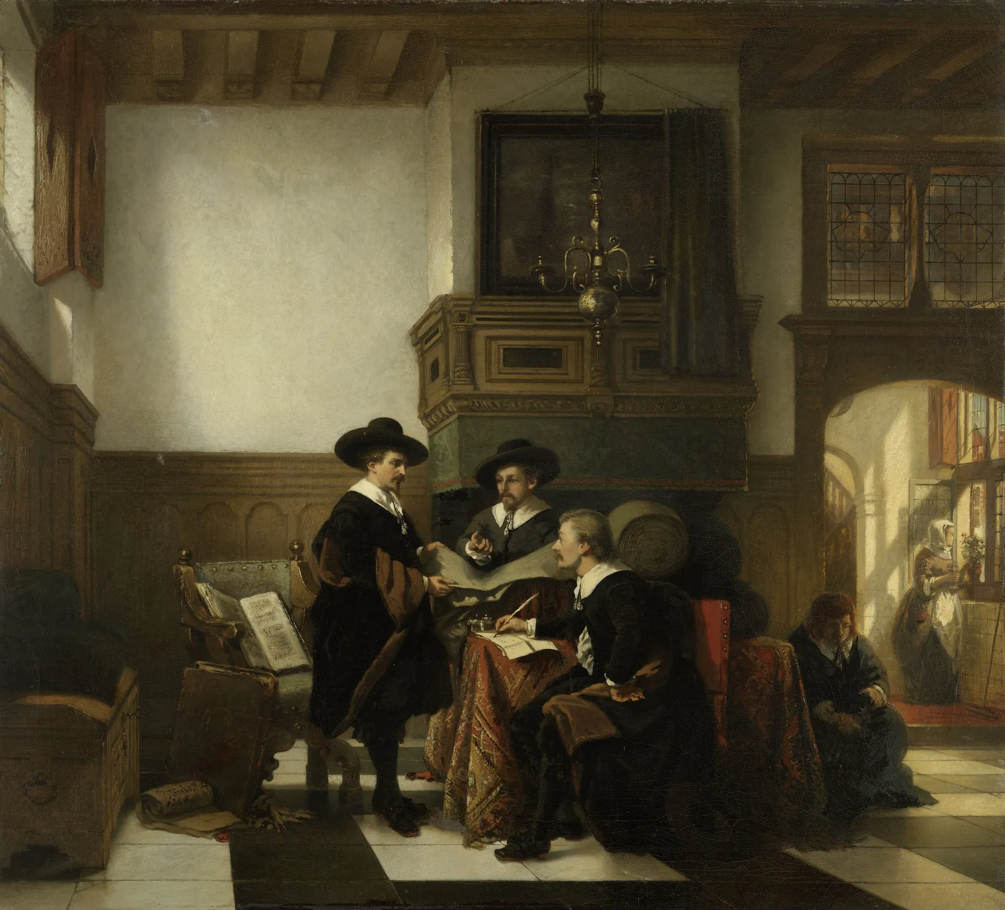Syndics of the Leiden Saaihal Syndics of the Leiden Saaihal by Johannes Anthonie Balthasar Stroebel. Three men in 17th-century Dutch attire examine documents around a table in a sun-drenched, high-ceilinged interior.
