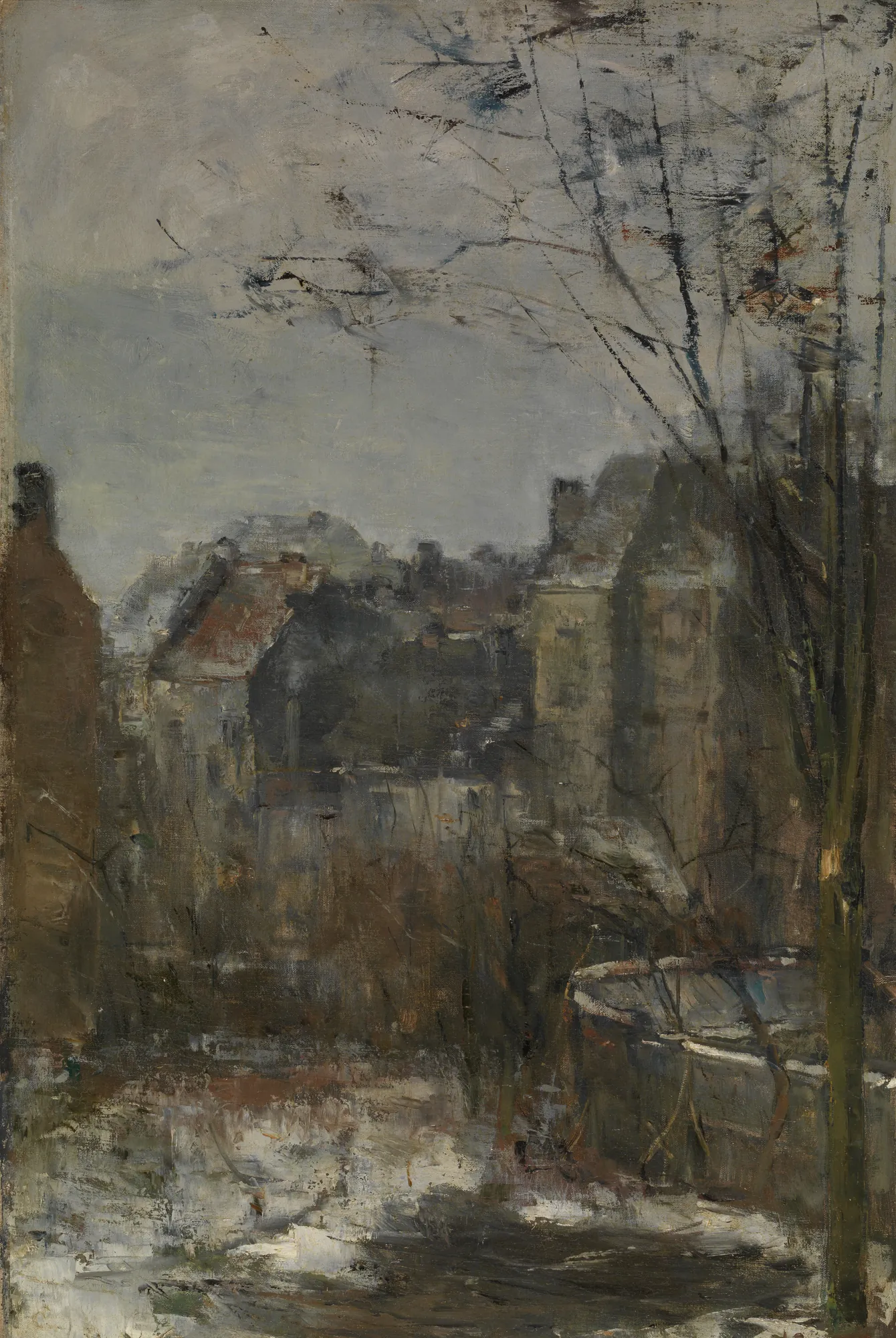 My Garden My Garden by Guillaume Vogels. An impressionistic oil painting of a winter garden scene with hazy city buildings in the background and bare trees in the foreground.