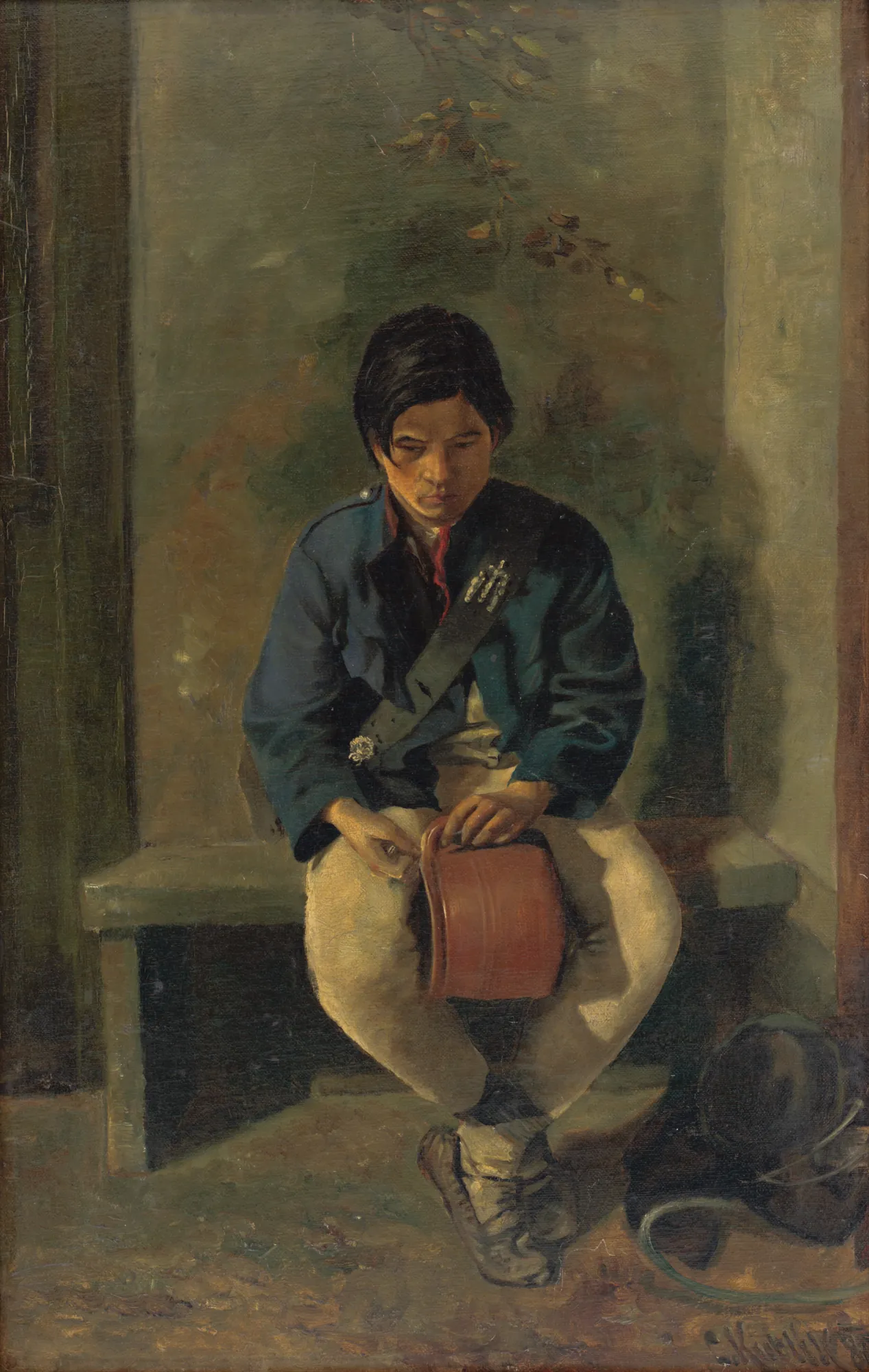 The Tinker The Tinker by Cyril Kutlík. A young man in a blue coat and light trousers sits on a stone bench, focused on repairing a copper pot.